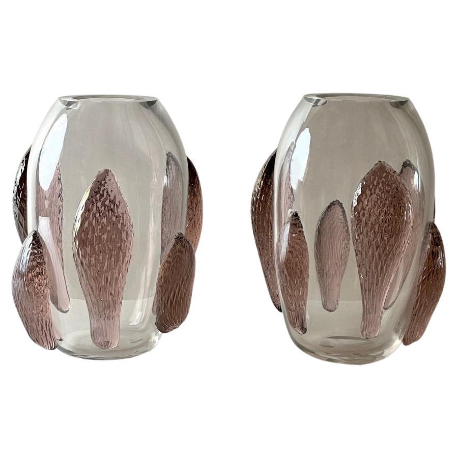 Late 20th Century Pair of Transparent w/Pink Murano Art Glass Applications Vases For Sale