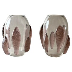 Vintage Late 20th Century Pair of Transparent w/Pink Murano Art Glass Applications Vases