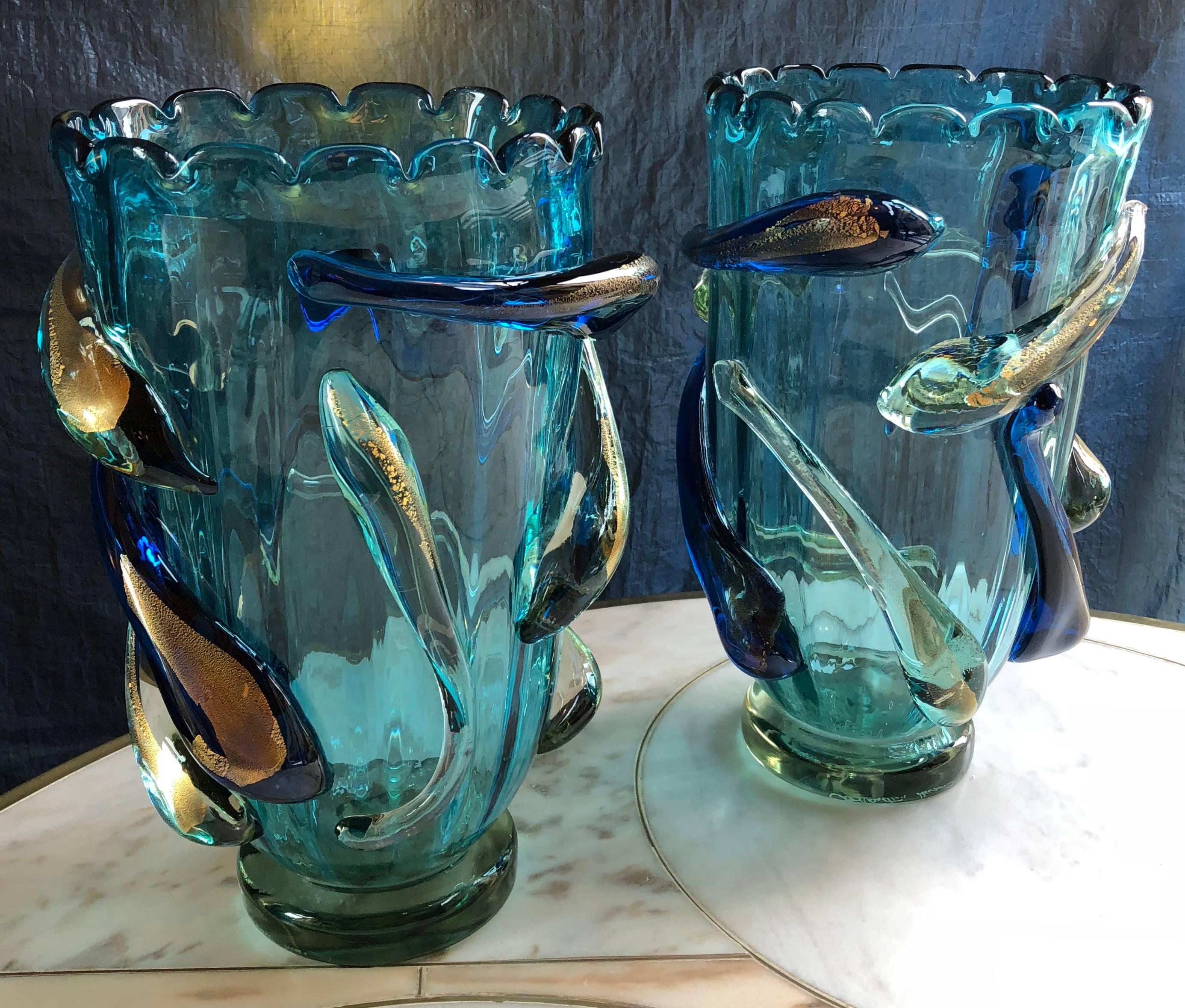 Late 20th Century Pair of Turquoise Blue & Gold Murano Glass Vases by Costantini 5