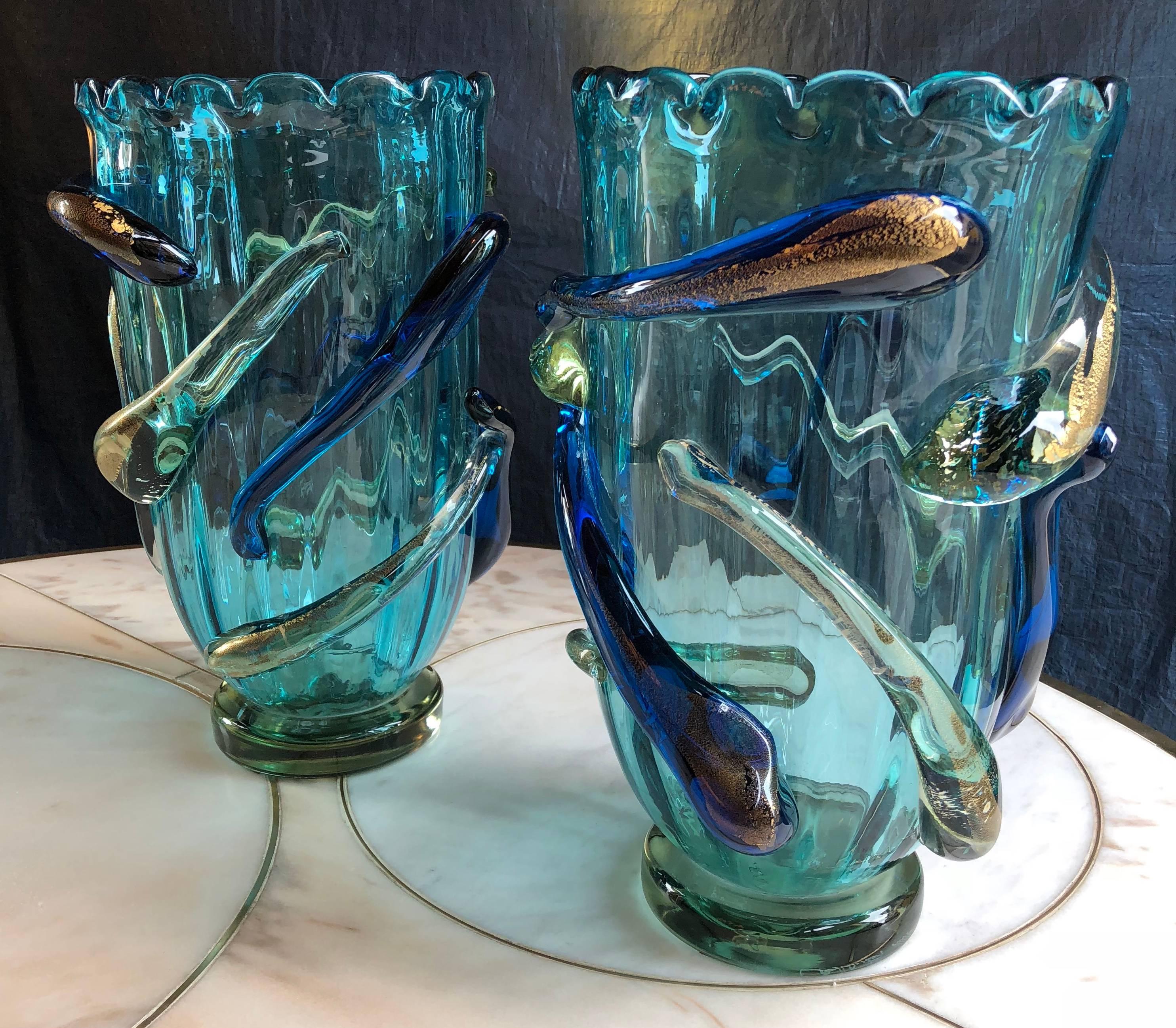 Mid-Century Modern Late 20th Century Pair of Turquoise Blue & Gold Murano Glass Vases by Costantini