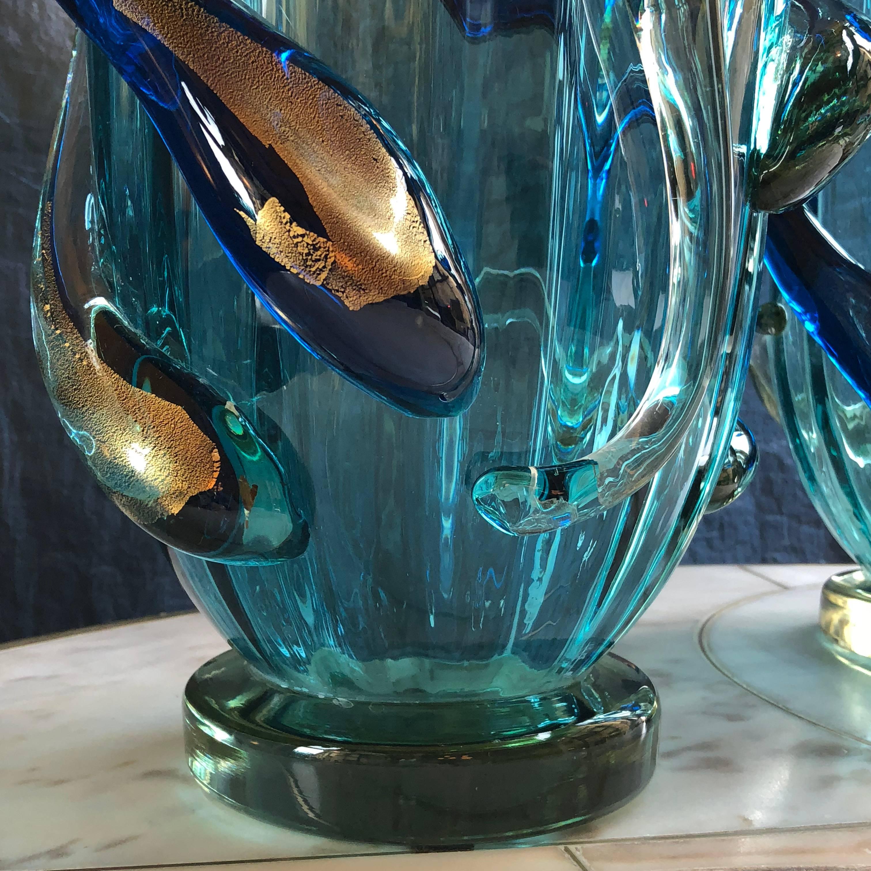 Late 20th Century Pair of Turquoise Blue & Gold Murano Glass Vases by Costantini In Excellent Condition In Firenze, Tuscany