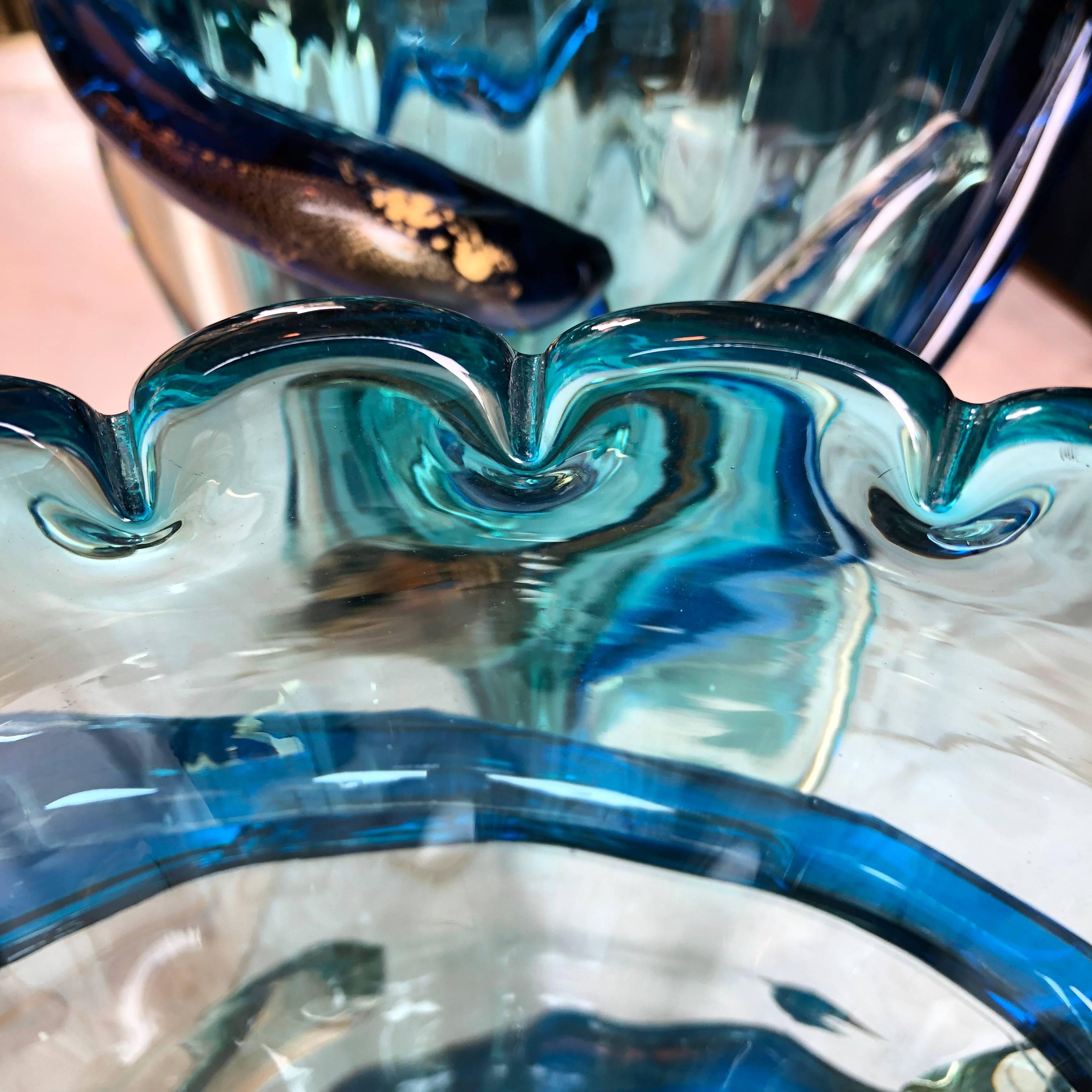 Late 20th Century Pair of Turquoise Blue & Gold Murano Glass Vases by Costantini 1