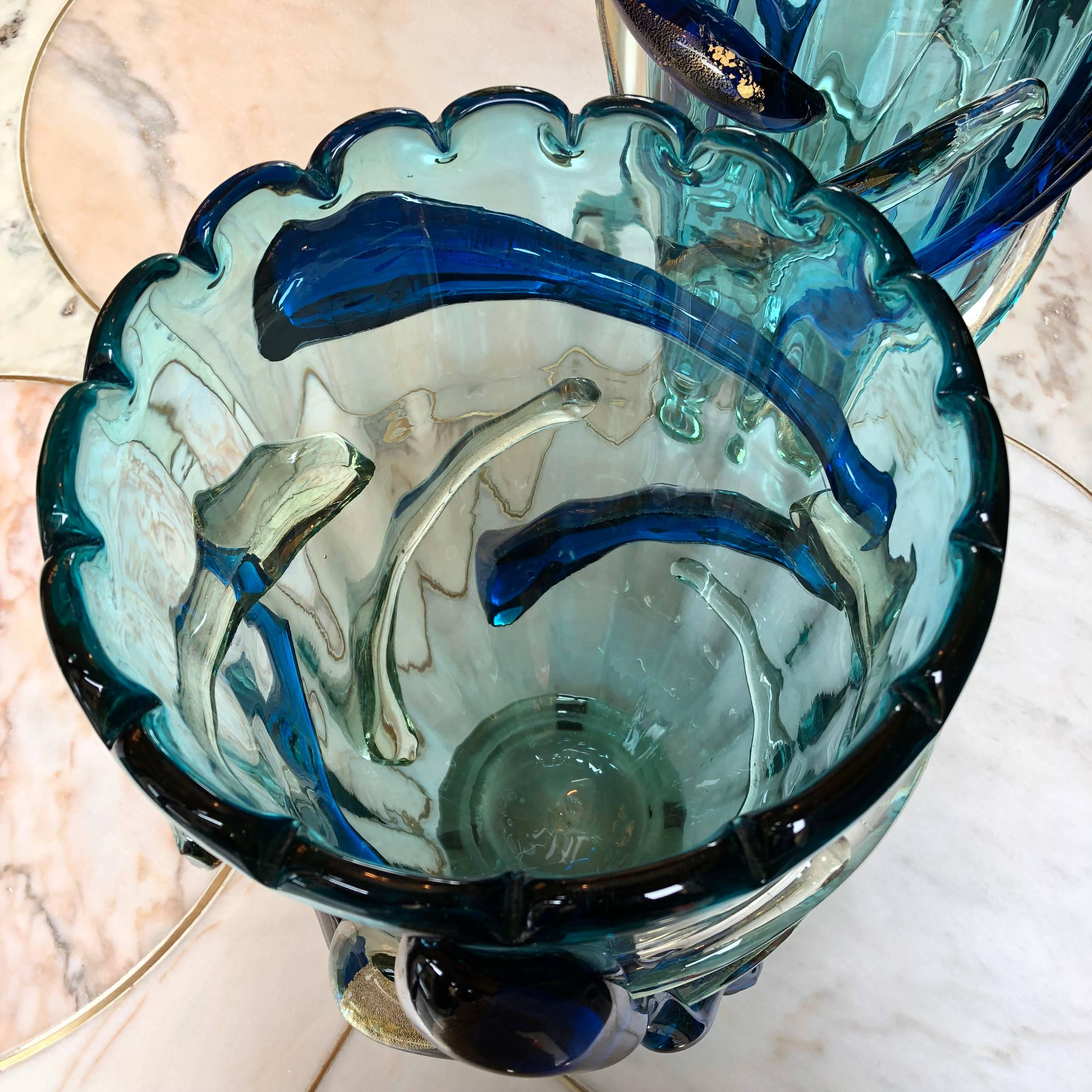 Late 20th Century Pair of Turquoise Blue & Gold Murano Glass Vases by Costantini 2