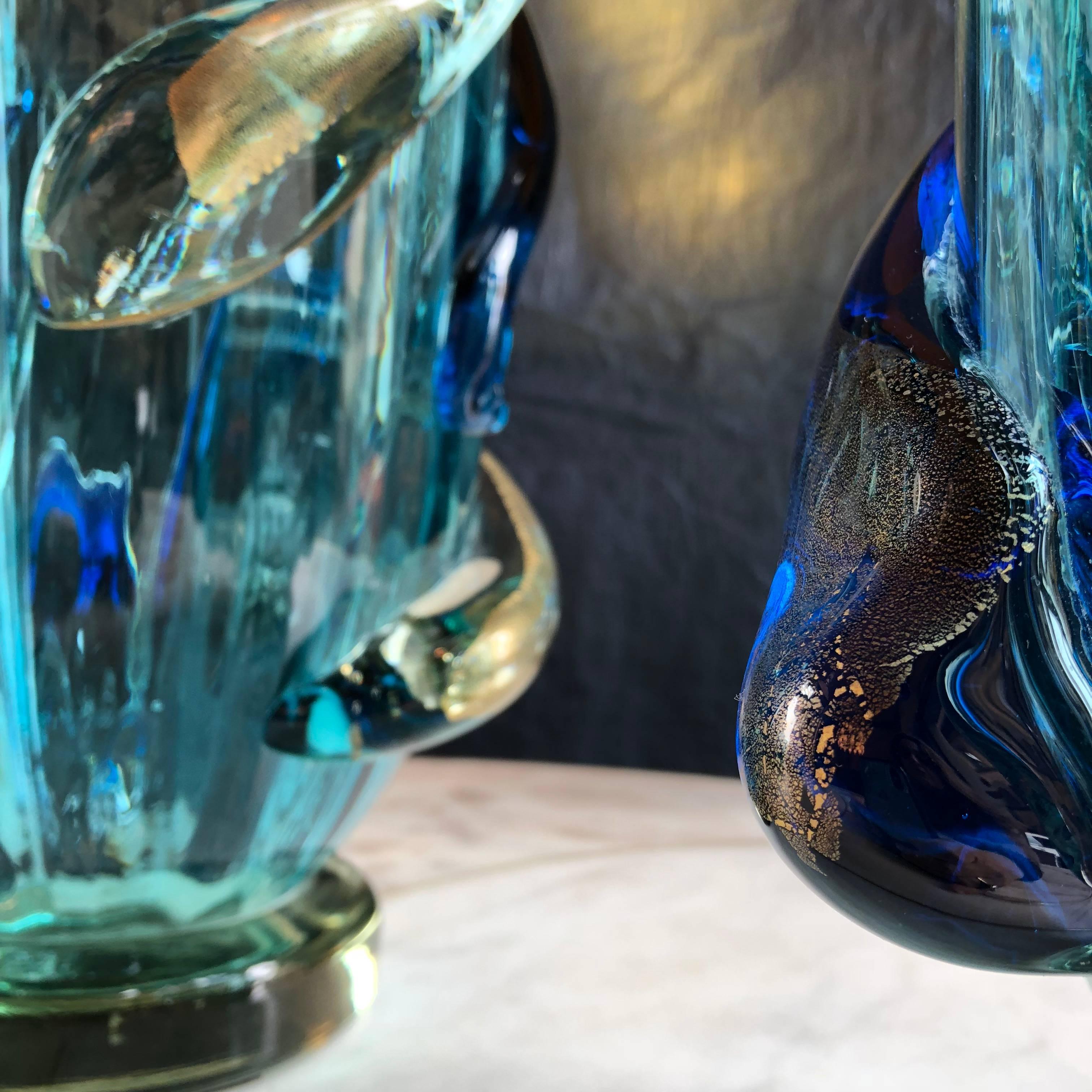 Late 20th Century Pair of Turquoise Blue & Gold Murano Glass Vases by Costantini 3