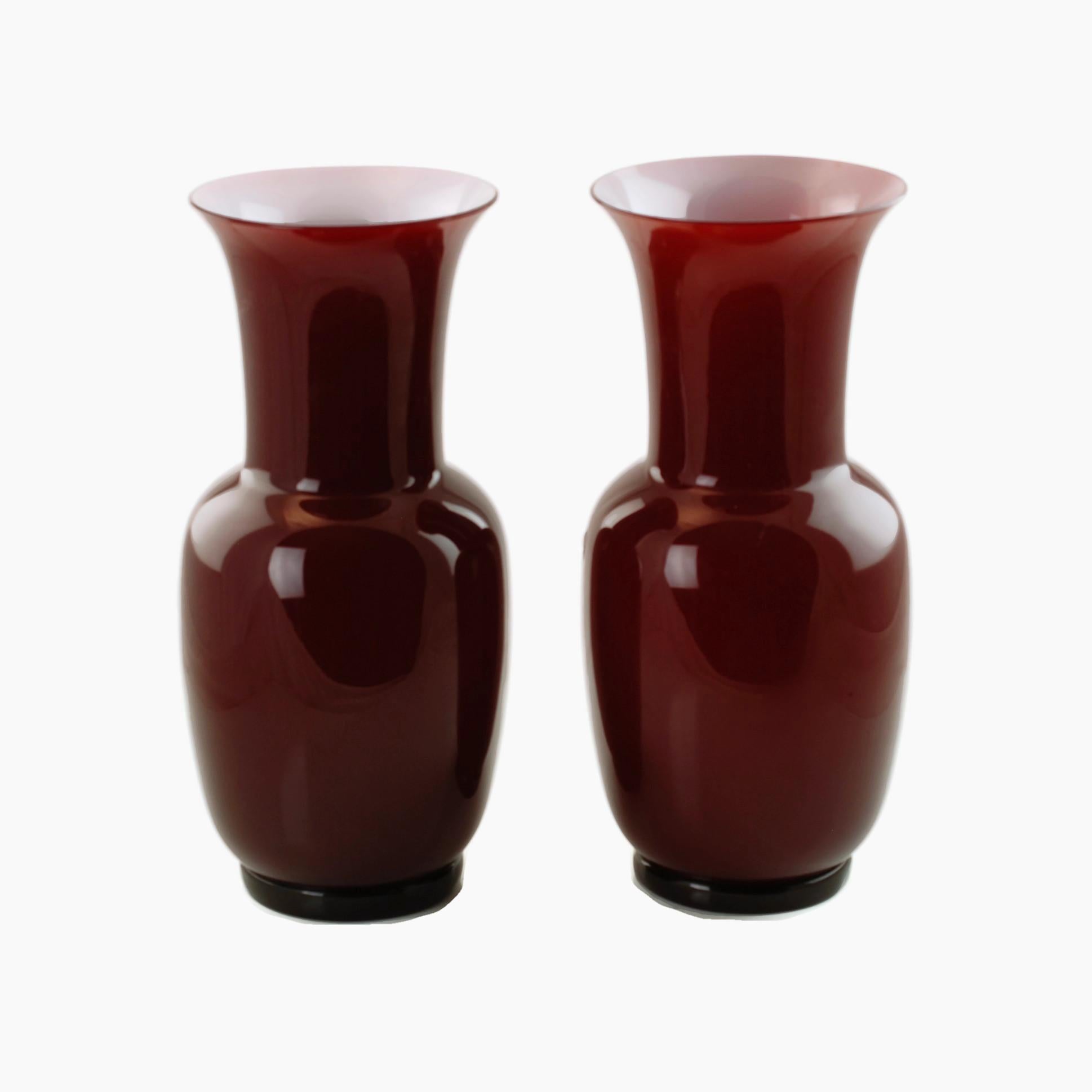 Modern Late 20th Century Pair of Venini Opalino Oxblood Lattimo Vases