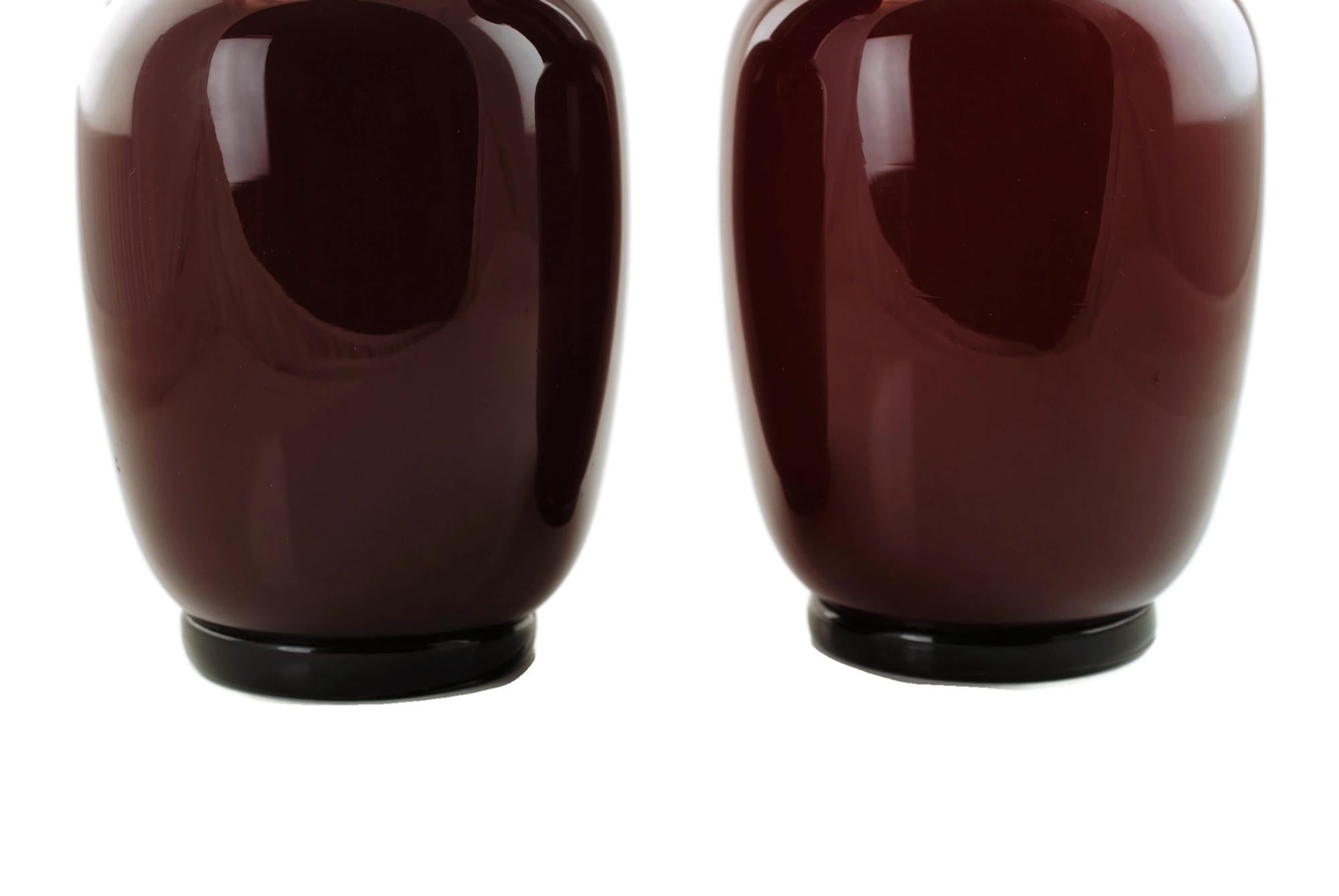 Murano Glass Late 20th Century Pair of Venini Opalino Oxblood Lattimo Vases
