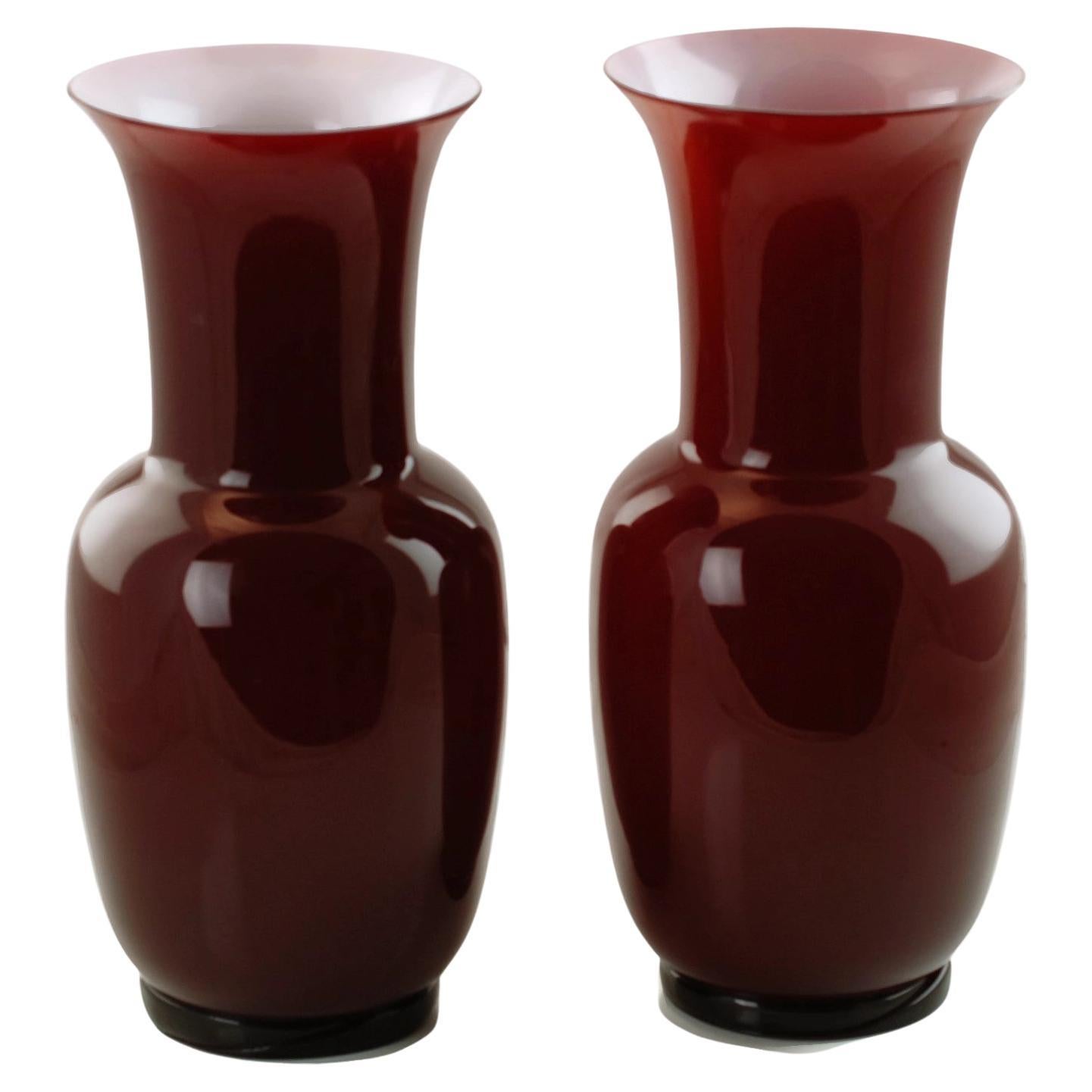 Late 20th Century Pair of Venini Opalino Oxblood Lattimo Vases