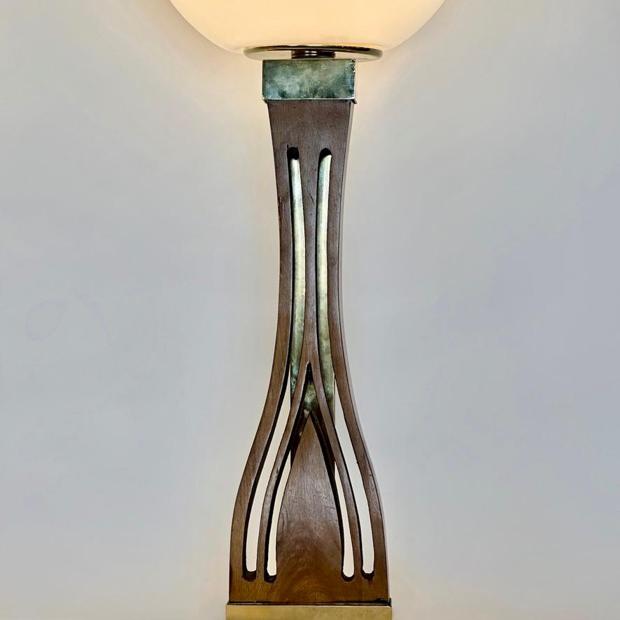 Late 20th Century Pair of Walnut, Brass & Faded Blown Murano Glass Table Lamps For Sale 2