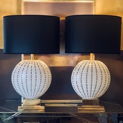 Late 20th Century Pair of White with Black Dots Murano Glass & Brass Table Lamps