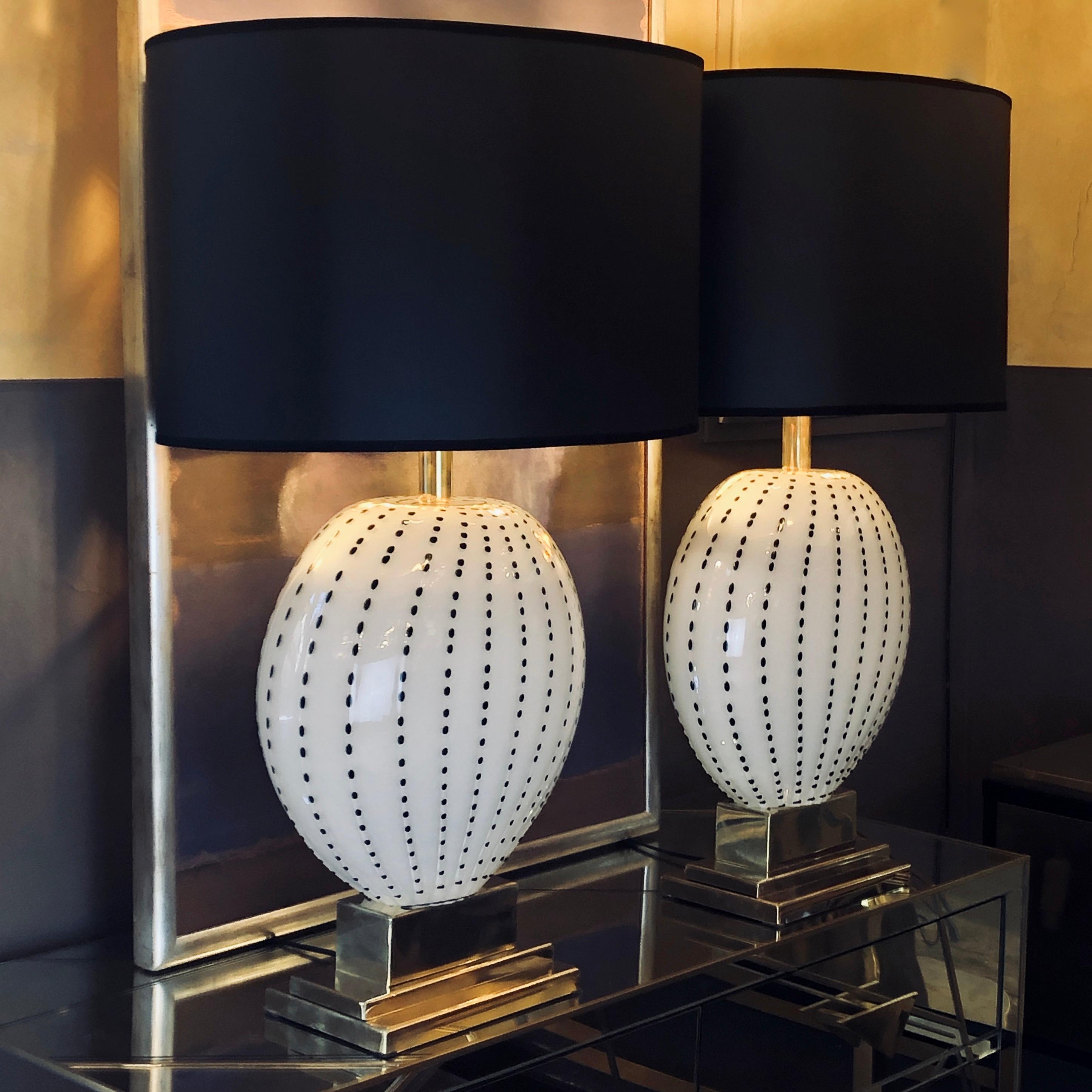 Italian Late 20th Century Pair of White with Black Dots Murano Glass & Brass Table Lamps
