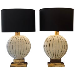 Late 20th Century Pair of White with Black Dots Murano Glass & Brass Table Lamps