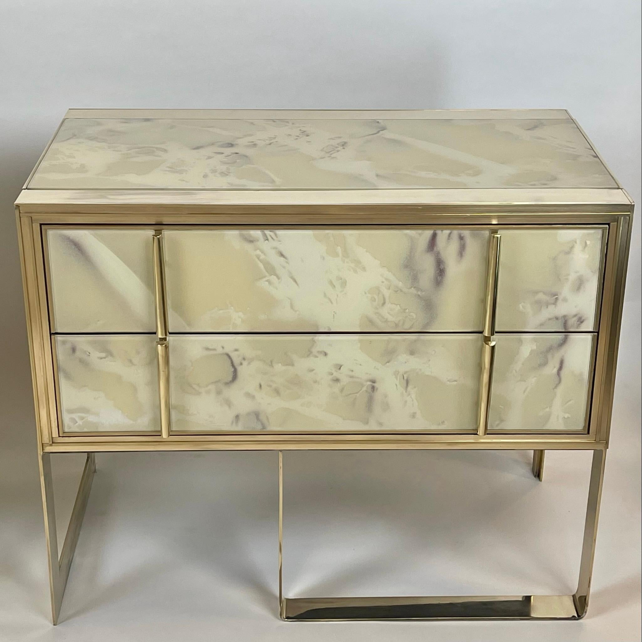 Late 20th Century Pair of Wood, Brass & Beige Murano Art Glass Chest of Drawers 2