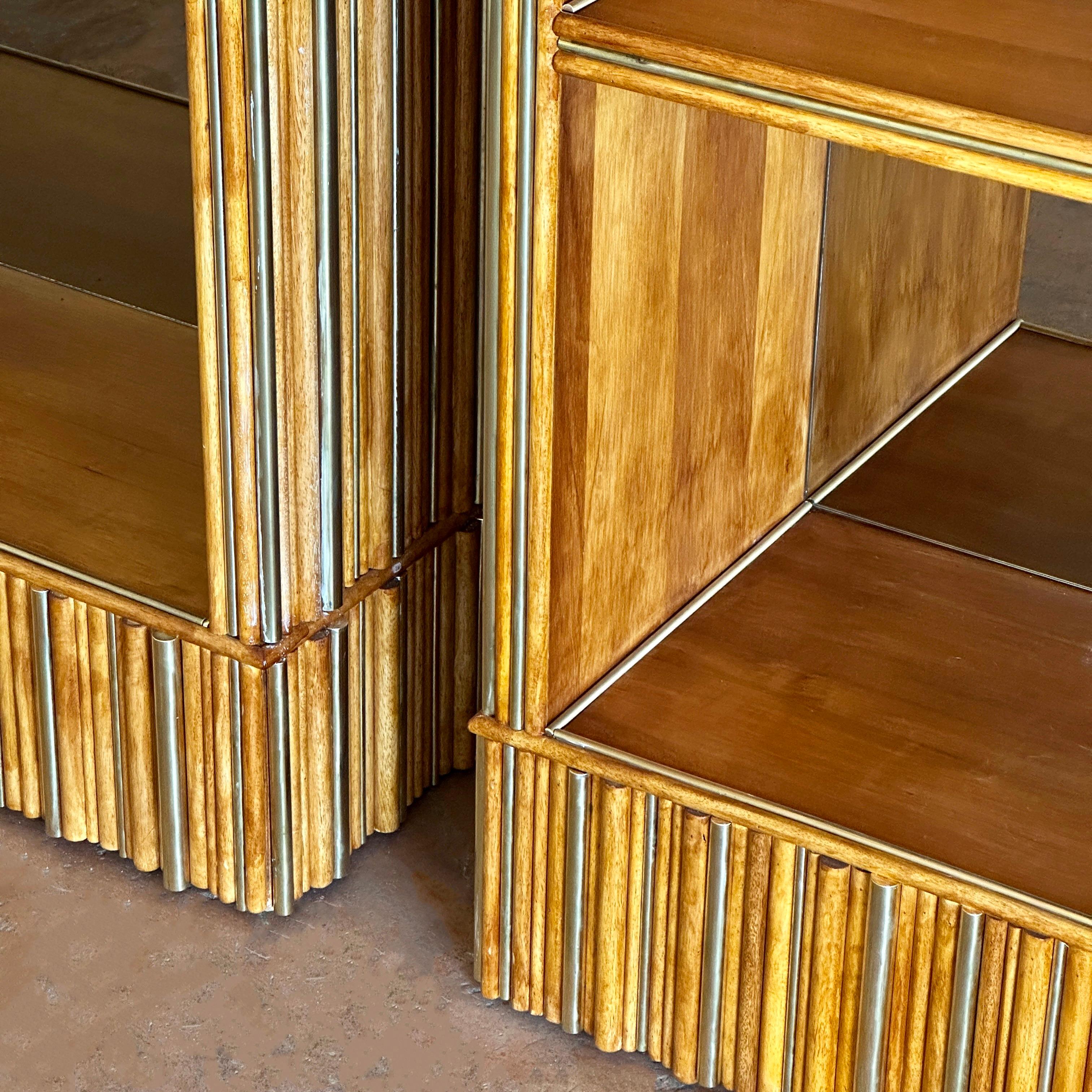 Mid-Century Modern Late 20th Century Pair of Wood & Brass Breadsticks Bookcases w/Bronzed Mirrors For Sale