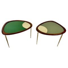 Vintage Late 20th Century Pair of Wood, Brass & Green Glass Amorphous Shape Side Tables