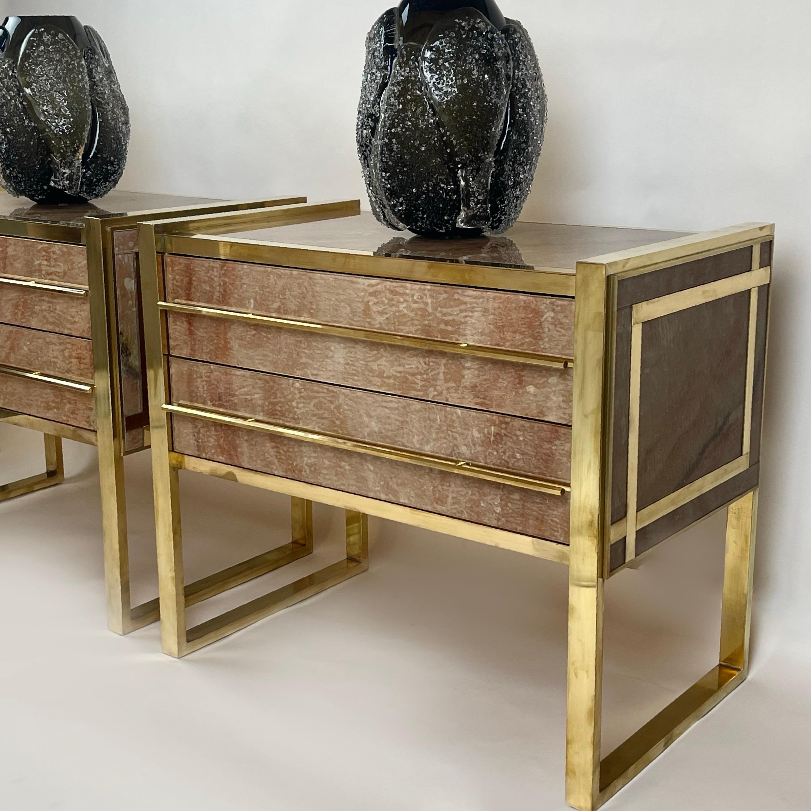 Late 20th Century Pair of Wood, Brass & Red Murano Art Glass Night Stands For Sale 7