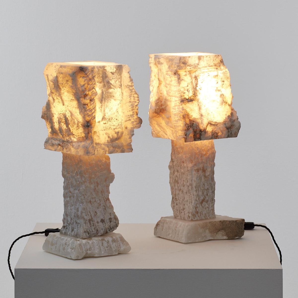 Post-Modern Late 20th Century Pair Rough Hewn Alabaster Lamps, Catalonia For Sale