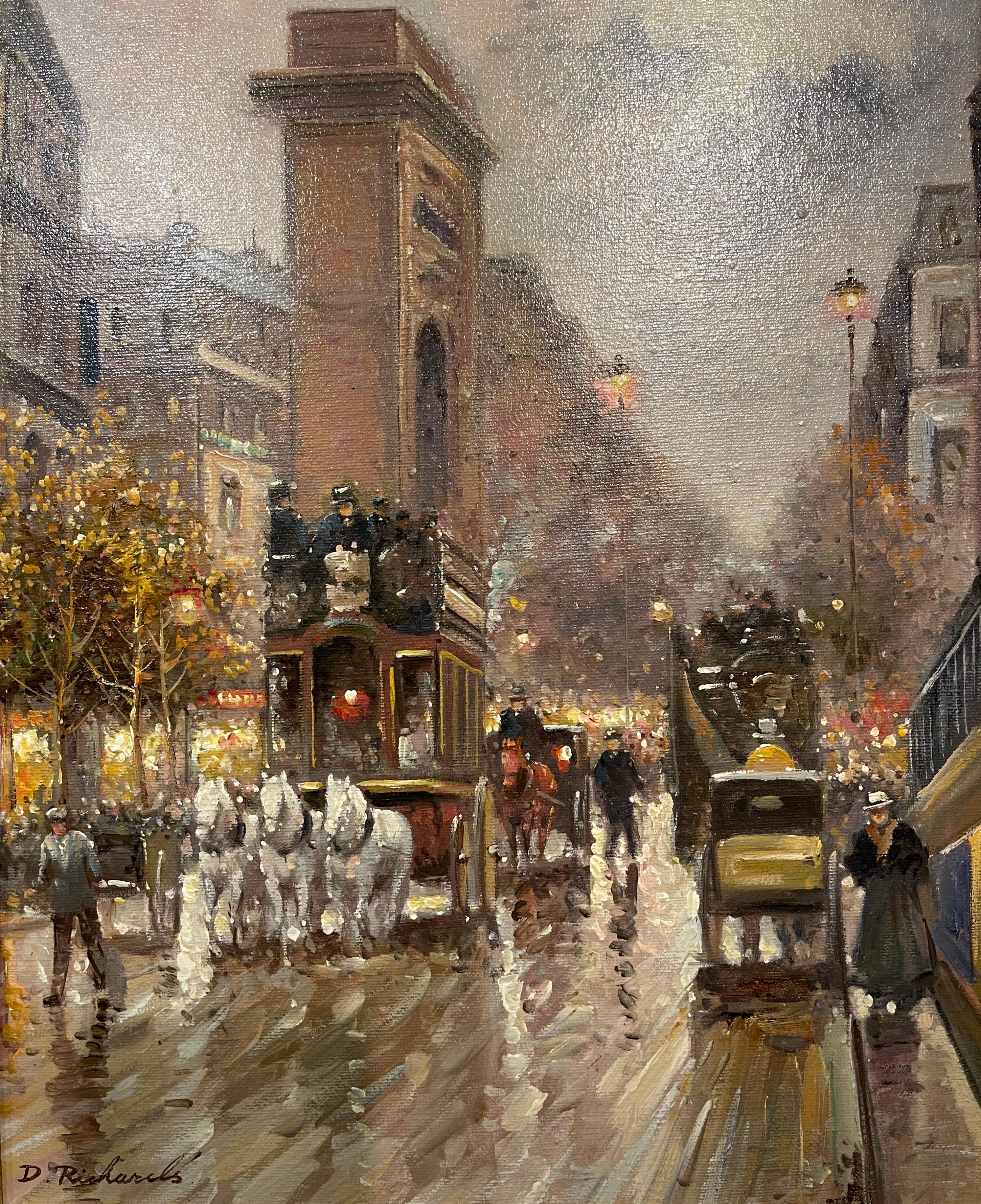 Decorate a study or living space with this beautiful oil on canvas painting. Set in the original carved gilt frame and created circa 1960, this artwork depicts a typical Paris scene in the late 19th century, with horse-drawn carriages transporting
