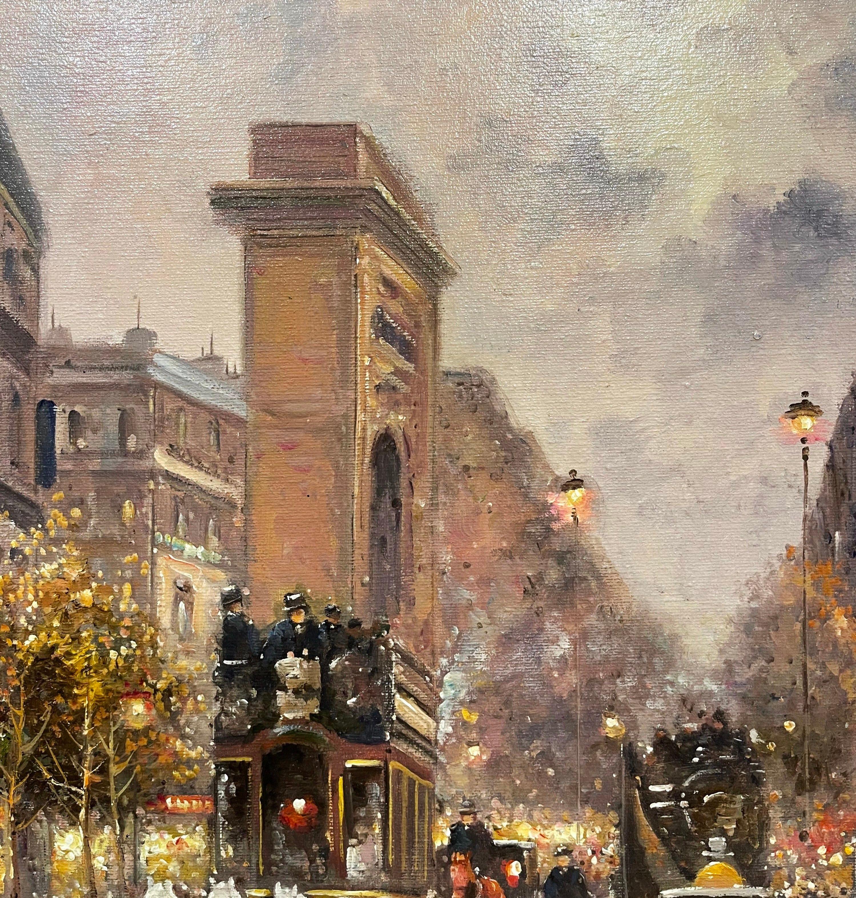 Français Peinture à l'huile de rue parisienne du milieu du siècle dans un cadre sculpté et doré signé D. Richards en vente