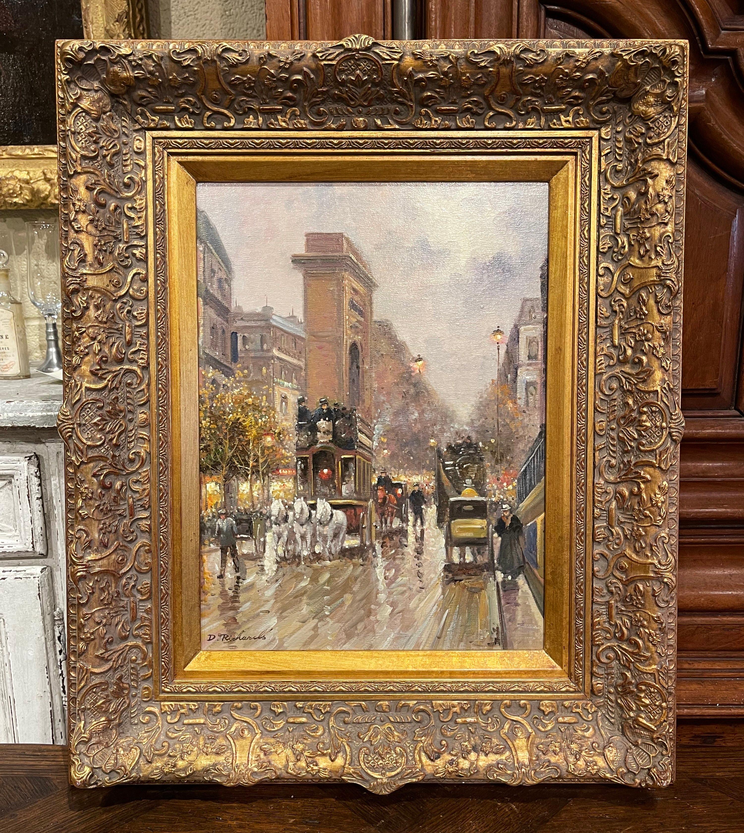 French Mid-Century Parisian Street Oil Painting in Carved Gilt Frame Signed D. Richards For Sale