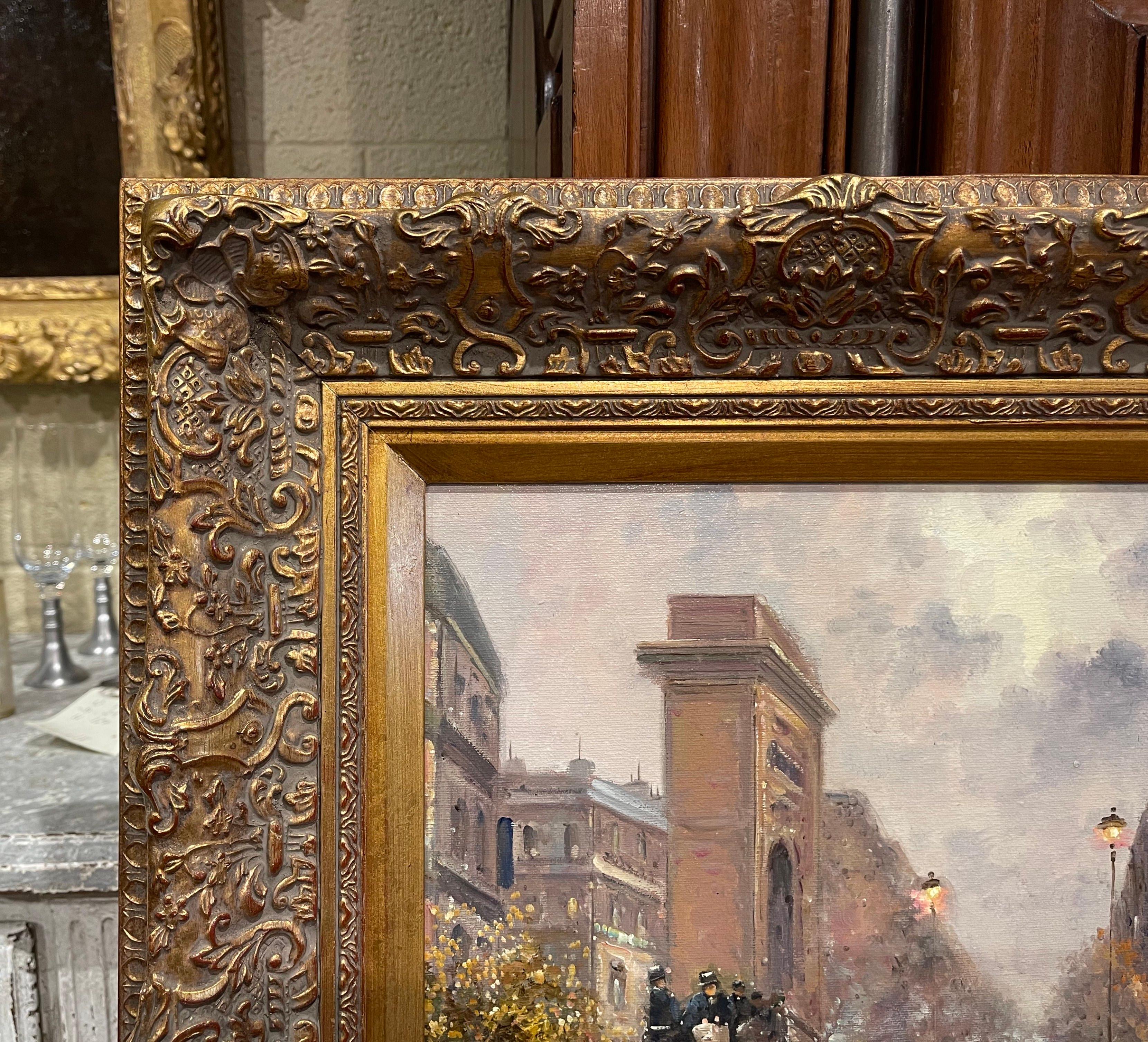 Mid-Century Parisian Street Oil Painting in Carved Gilt Frame Signed D. Richards In Excellent Condition For Sale In Dallas, TX