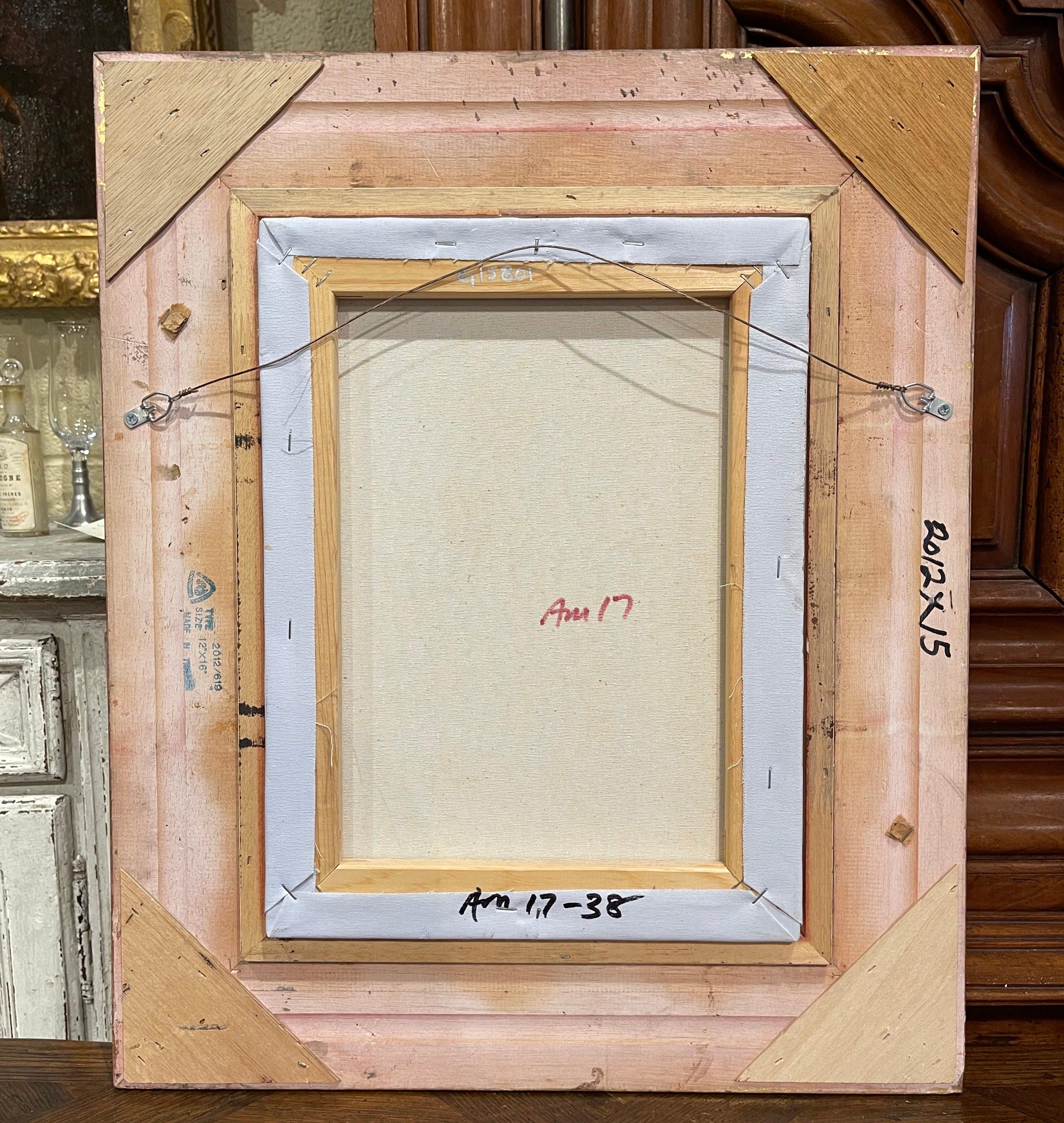 Toile Peinture à l'huile de rue parisienne du milieu du siècle dans un cadre sculpté et doré signé D. Richards