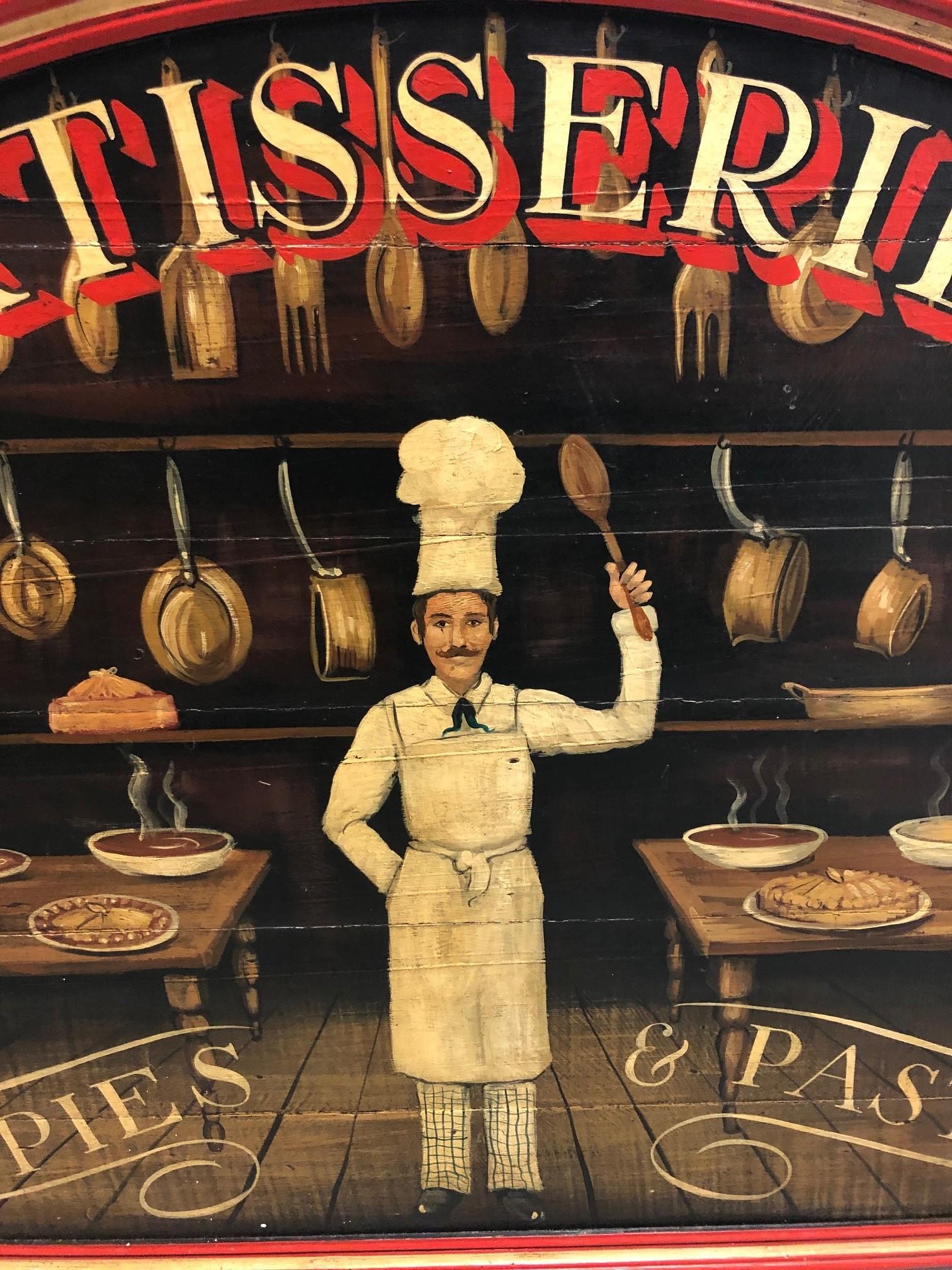 Late 20th century reproduction wood hand-painted pastry shop sign Patisserie Fine Pies and Pastries. This is a fun colorful sign perfect for any home or business. Painted on wood panels with a wood frame its very well made good quality.