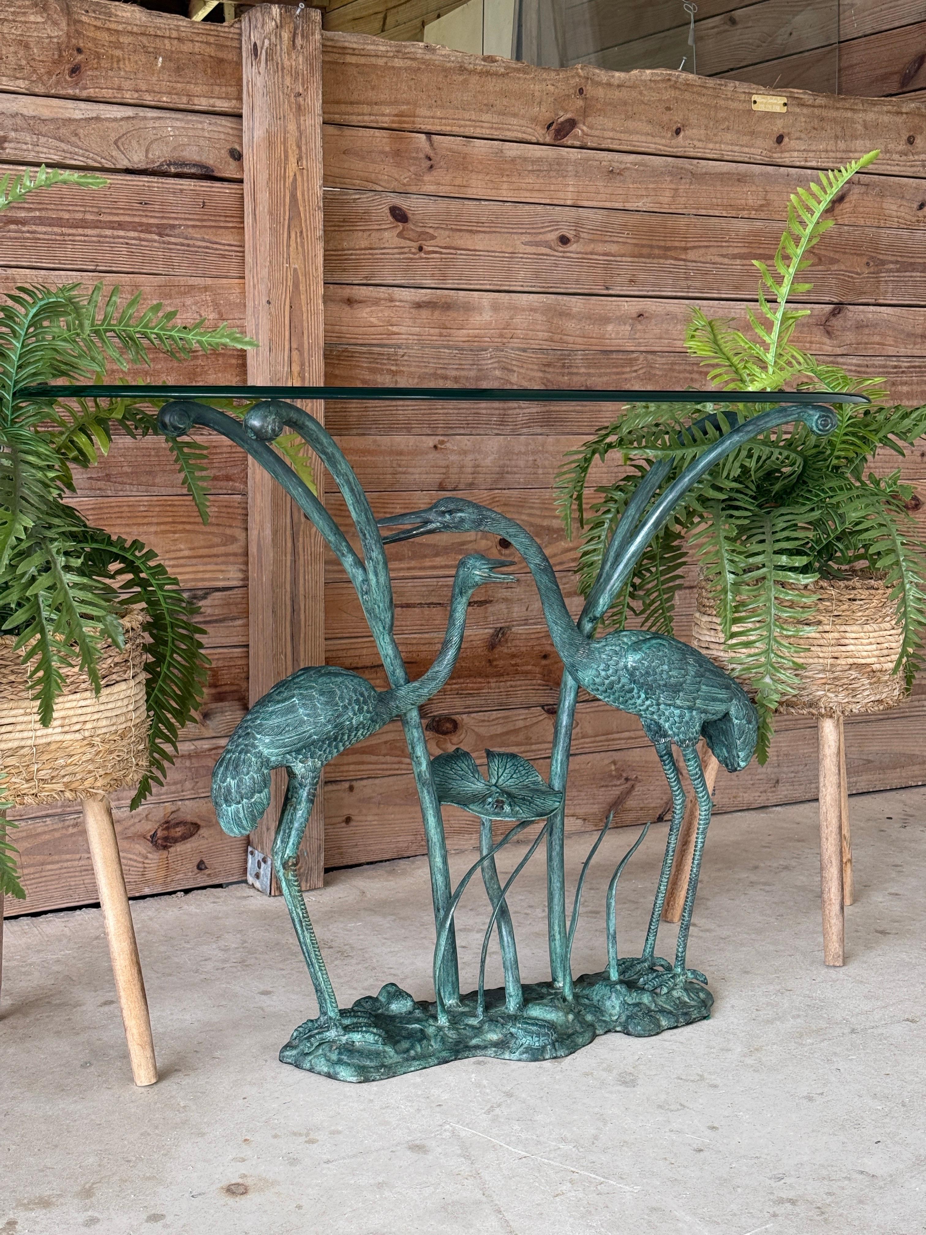 Table console en bronze patiné de la fin du 20e siècle avec héron et nénuphar par LaBarge en vente 7