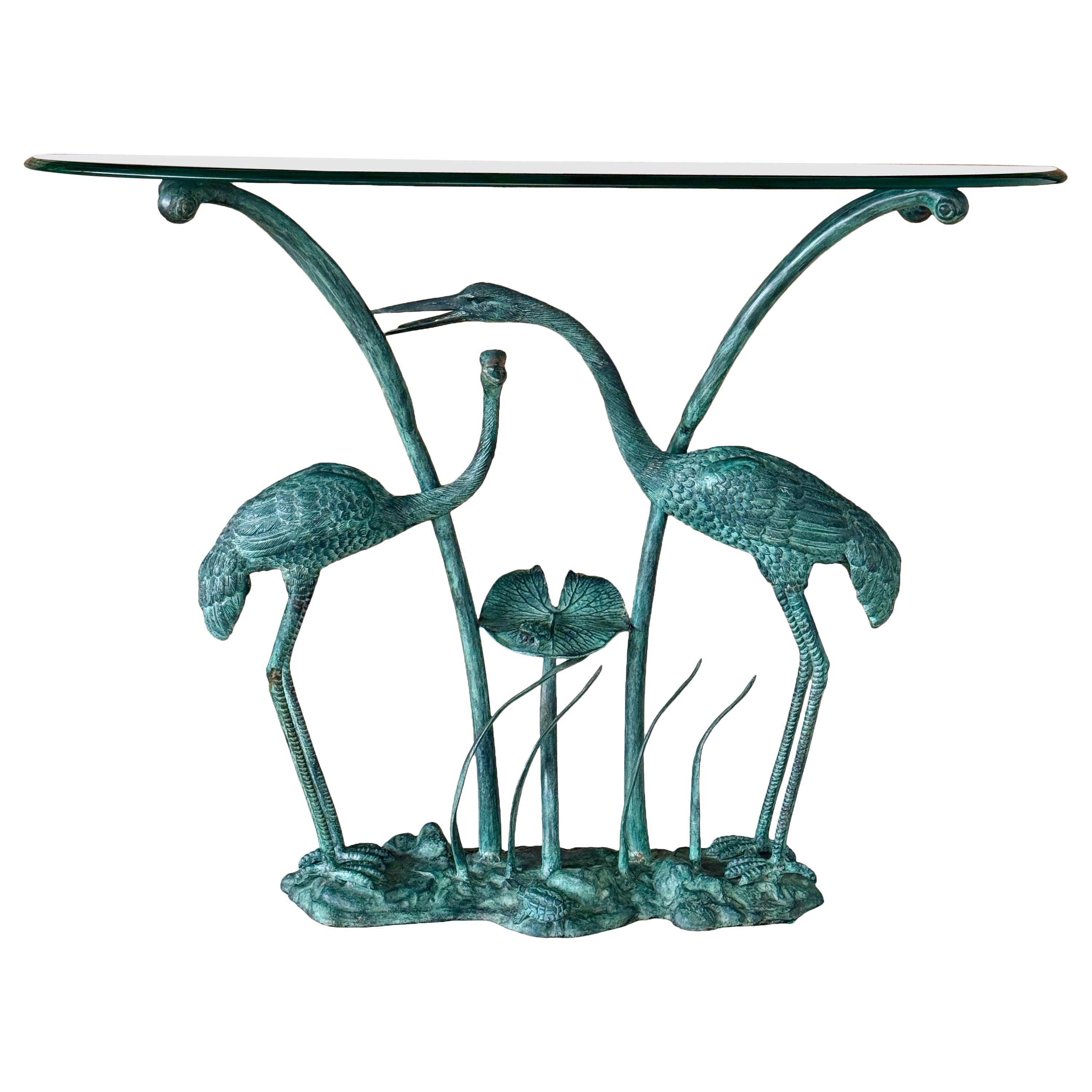 Table console en bronze patiné de la fin du 20e siècle avec héron et nénuphar par LaBarge en vente