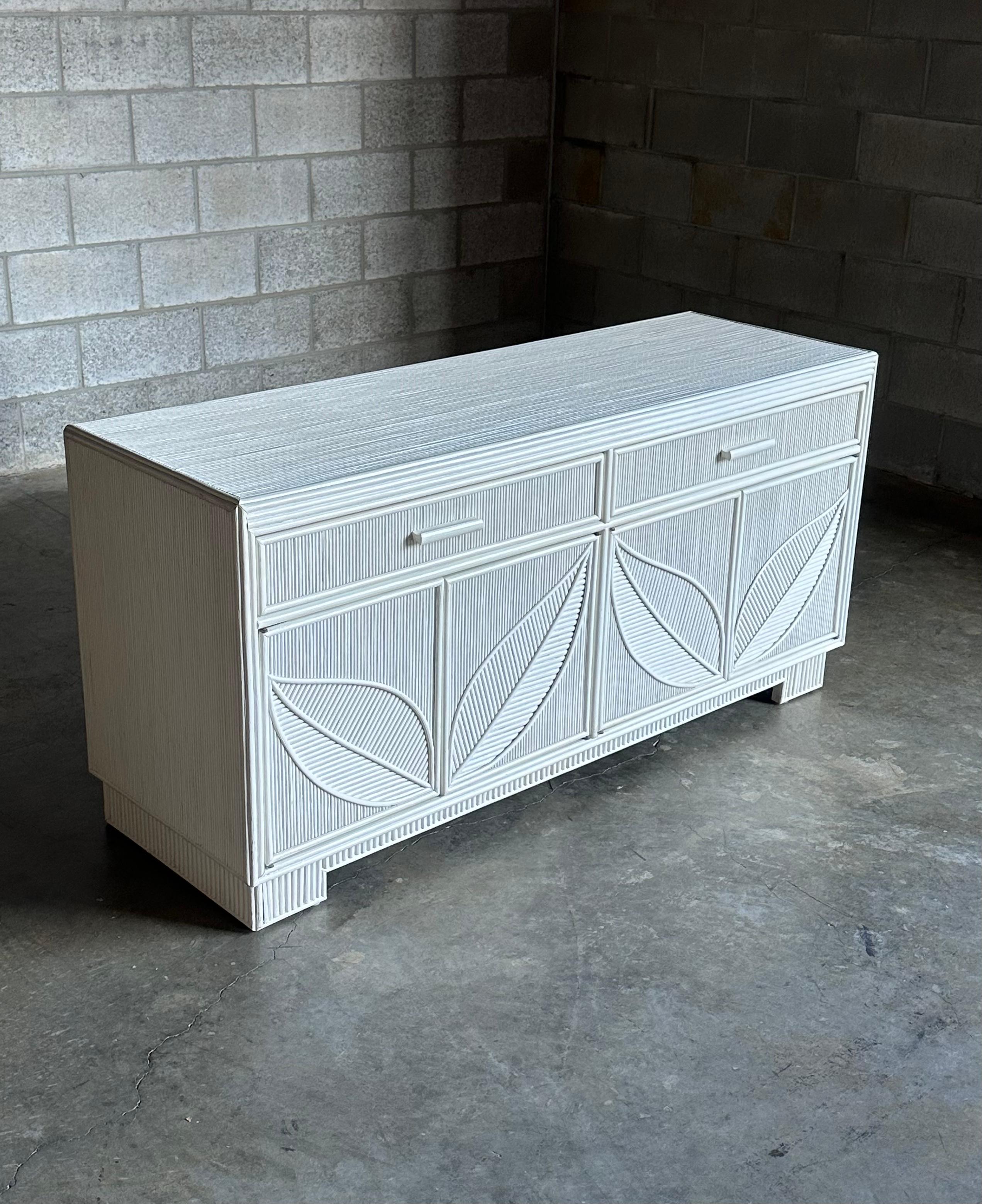 American Late 20th Century Pencil Reed White Sideboard With Leaf Motif For Sale