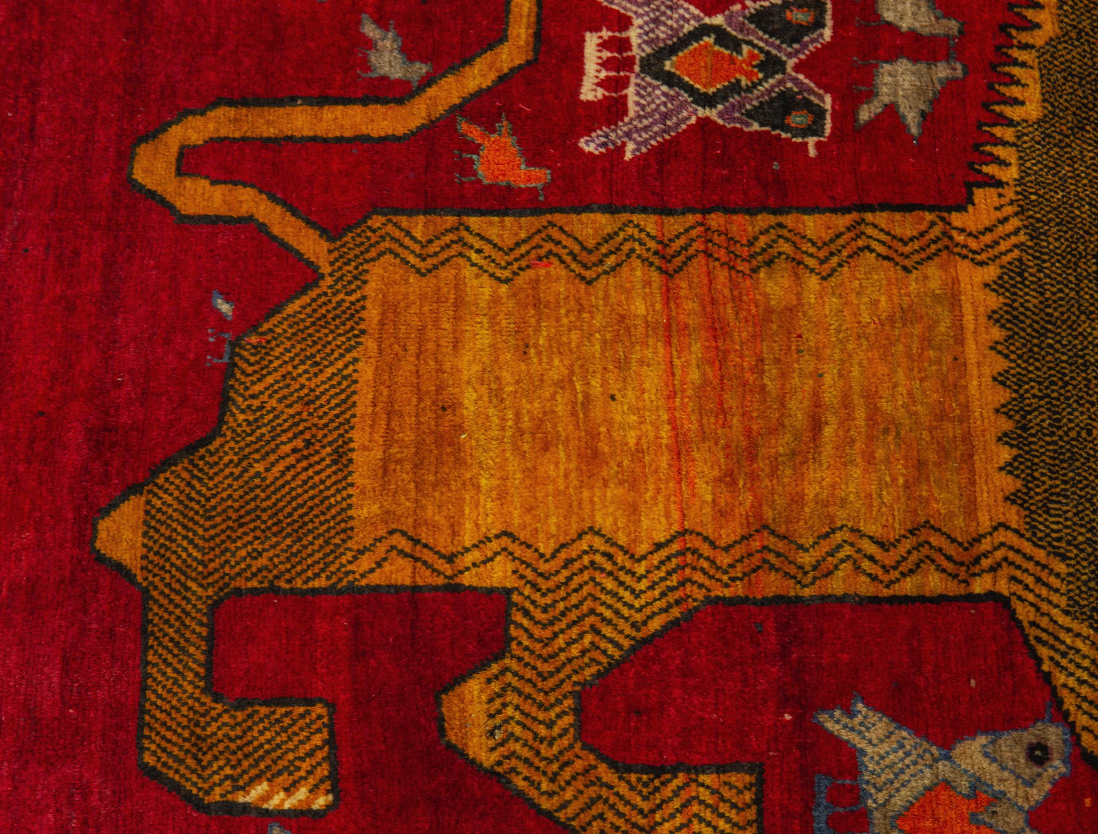Hand-Knotted Late 20th Century Persian Hand Knotted Wool Tiger Pictorial Tribal Red Rug For Sale