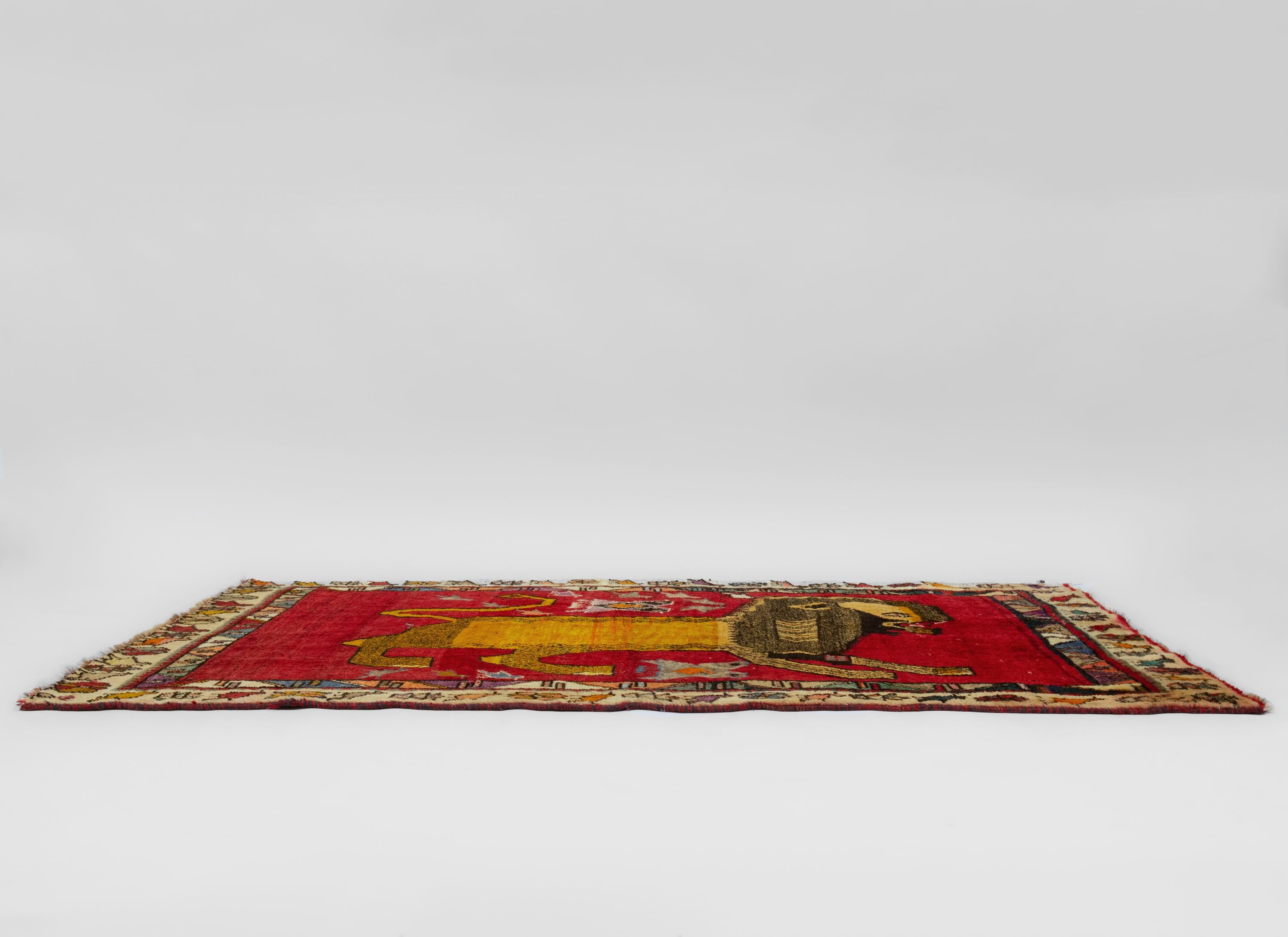 Late 20th Century Persian Hand Knotted Wool Tiger Pictorial Tribal Red Rug In Good Condition For Sale In Norwich, GB