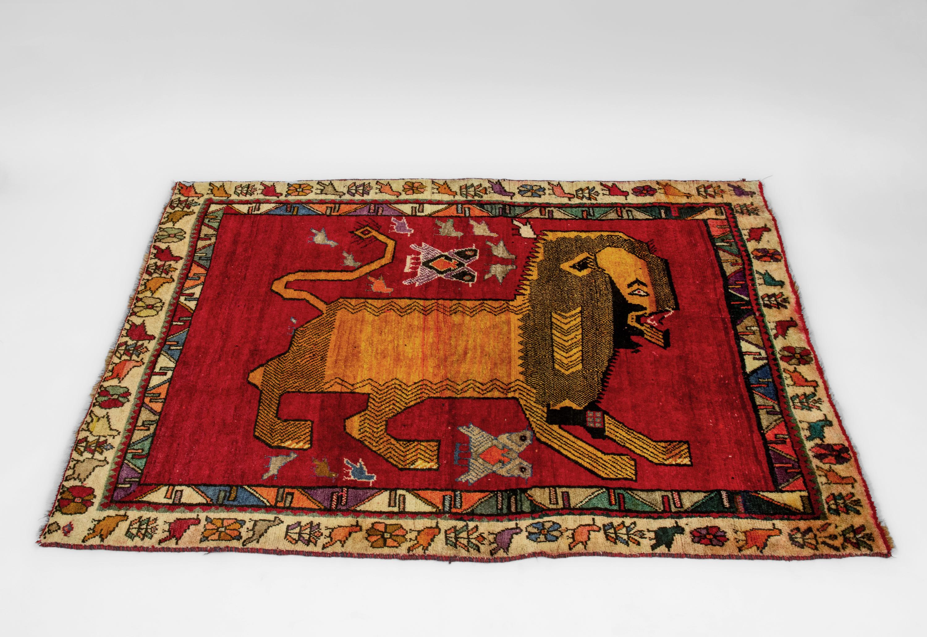 Late 20th Century Persian Hand Knotted Wool Tiger Pictorial Tribal Red Rug For Sale 3