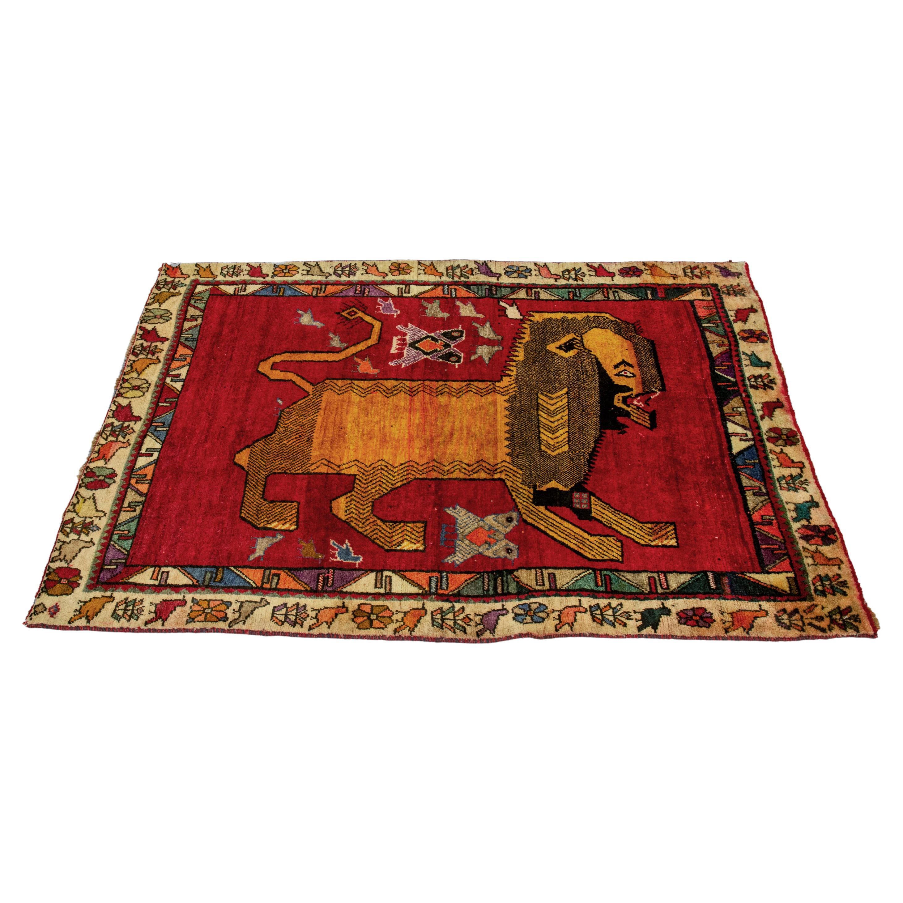 Late 20th Century Persian Hand Knotted Wool Tiger Pictorial Tribal Red Rug For Sale