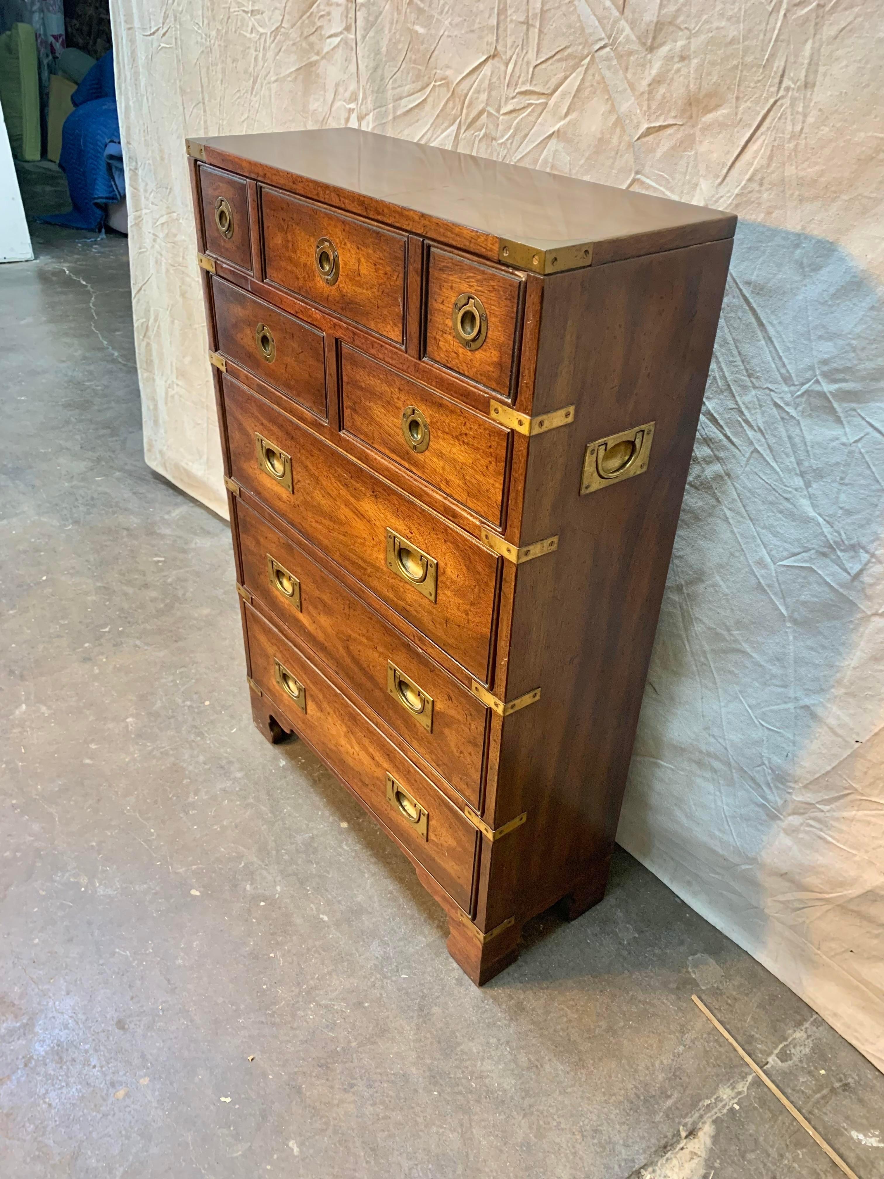 American Late 20th Century Petite Walnut Heritage Campaign Chest with 6 Drawers