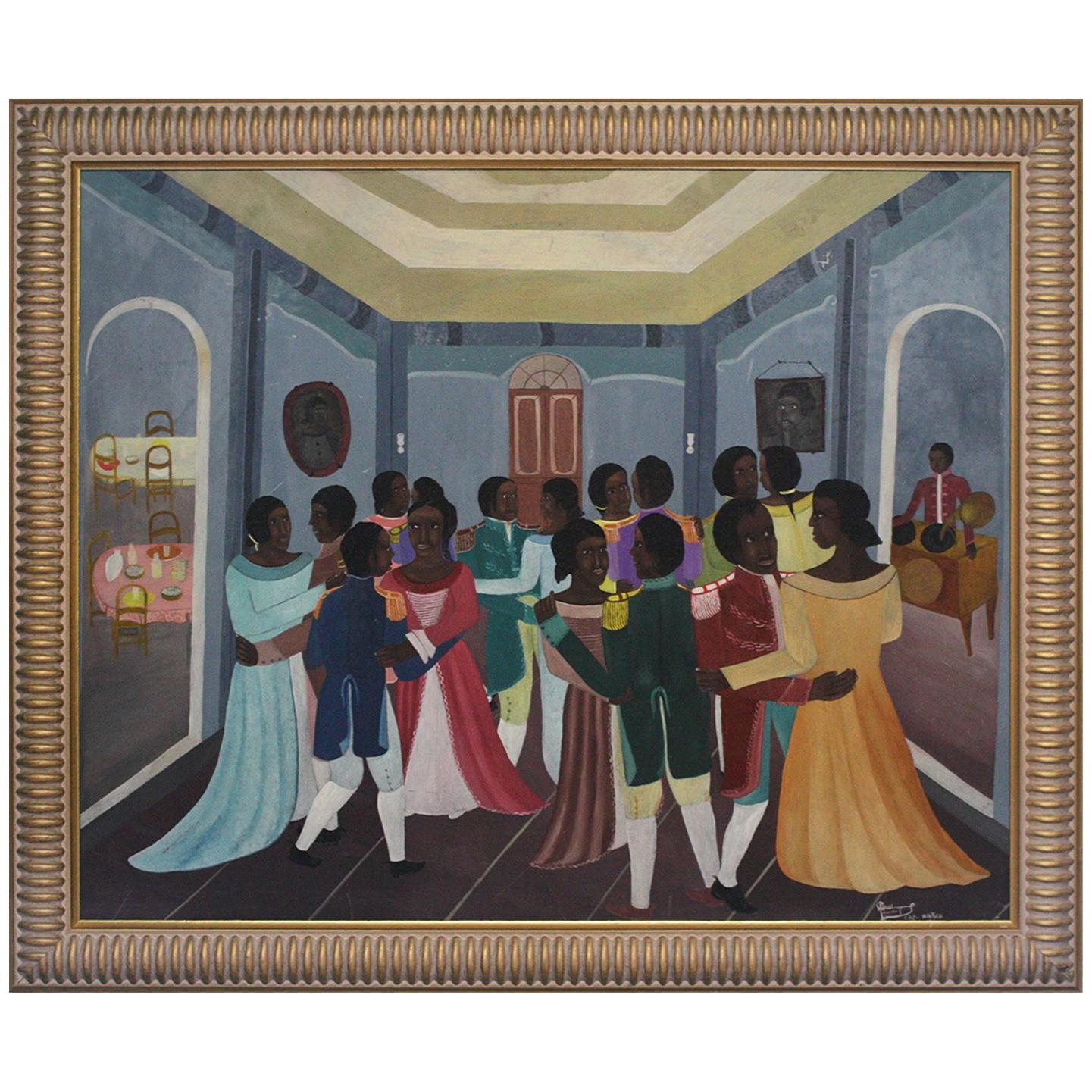 Late 20th Century Phanel Toussaint "The Dance" Oil on Masonite Cap Haitien