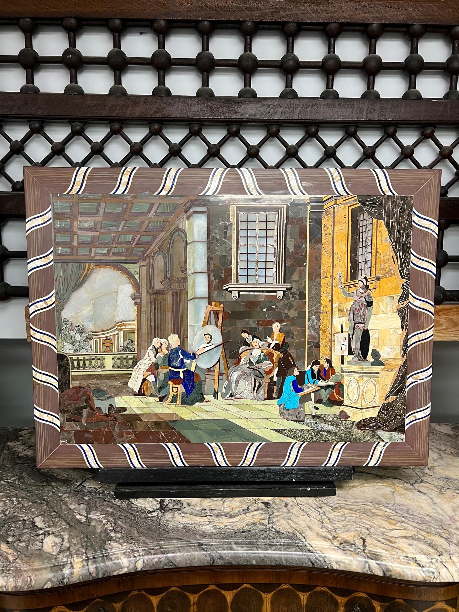 Beautiful handmade Pietra Dura marble plaque with colorful semi precious stones. Pietra Dura is a term for the inlay technique of using cut and fitted highly polished colored semi precious stones to create images a decorative art. This is a piece of