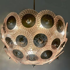 Late 20th Century Pink Murano Art Glass Disks w/ Hand Hammered Brass Chandelier