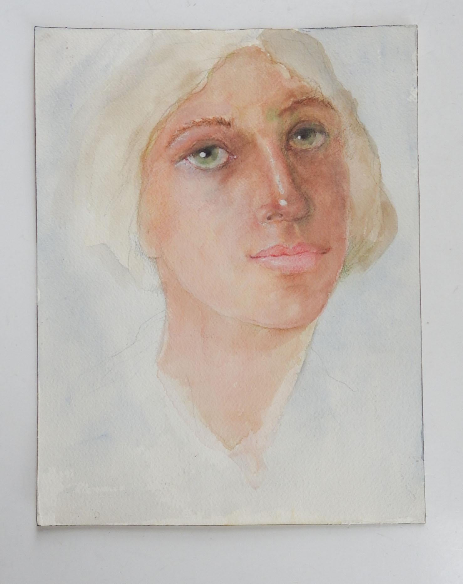 Vintage late 20th century watercolor on paper portrait of green eyed woman by Eva Templeton Kraus. Unsigned. Unframed, from the artists estate.