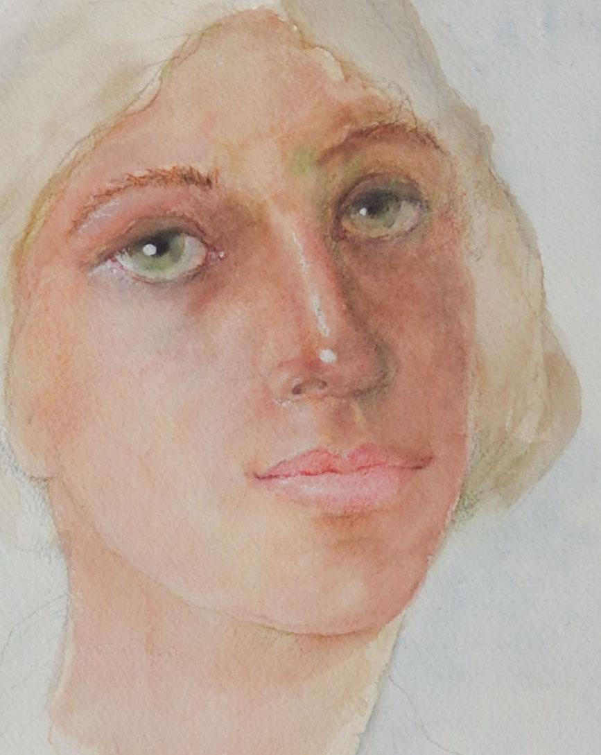 Late 20th Century Portrait Green Eyed Woman Watercolor Painting In Good Condition For Sale In Seguin, TX