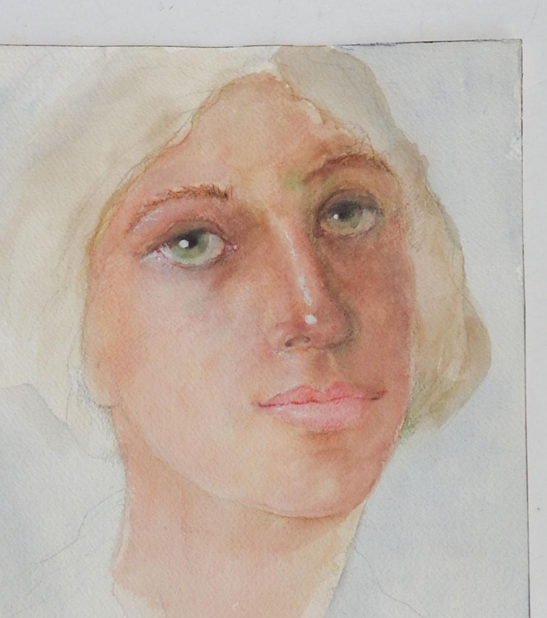 Paper Late 20th Century Portrait Green Eyed Woman Watercolor Painting For Sale