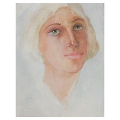 Late 20th Century Portrait Green Eyed Woman Watercolor Painting