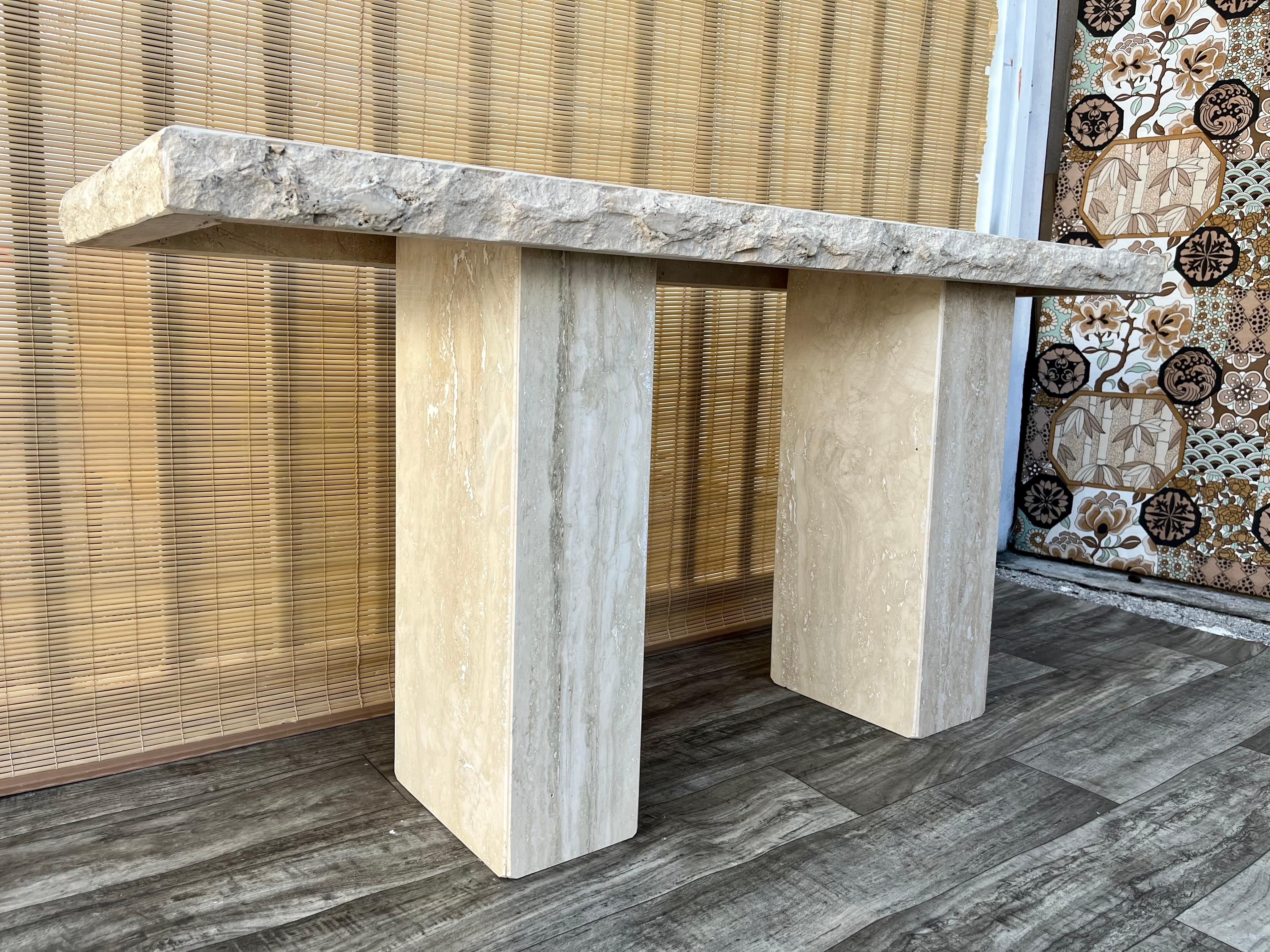 Late 20th Century Post Modern Travertine Console Table by Stone International.  In Good Condition In Miami, FL