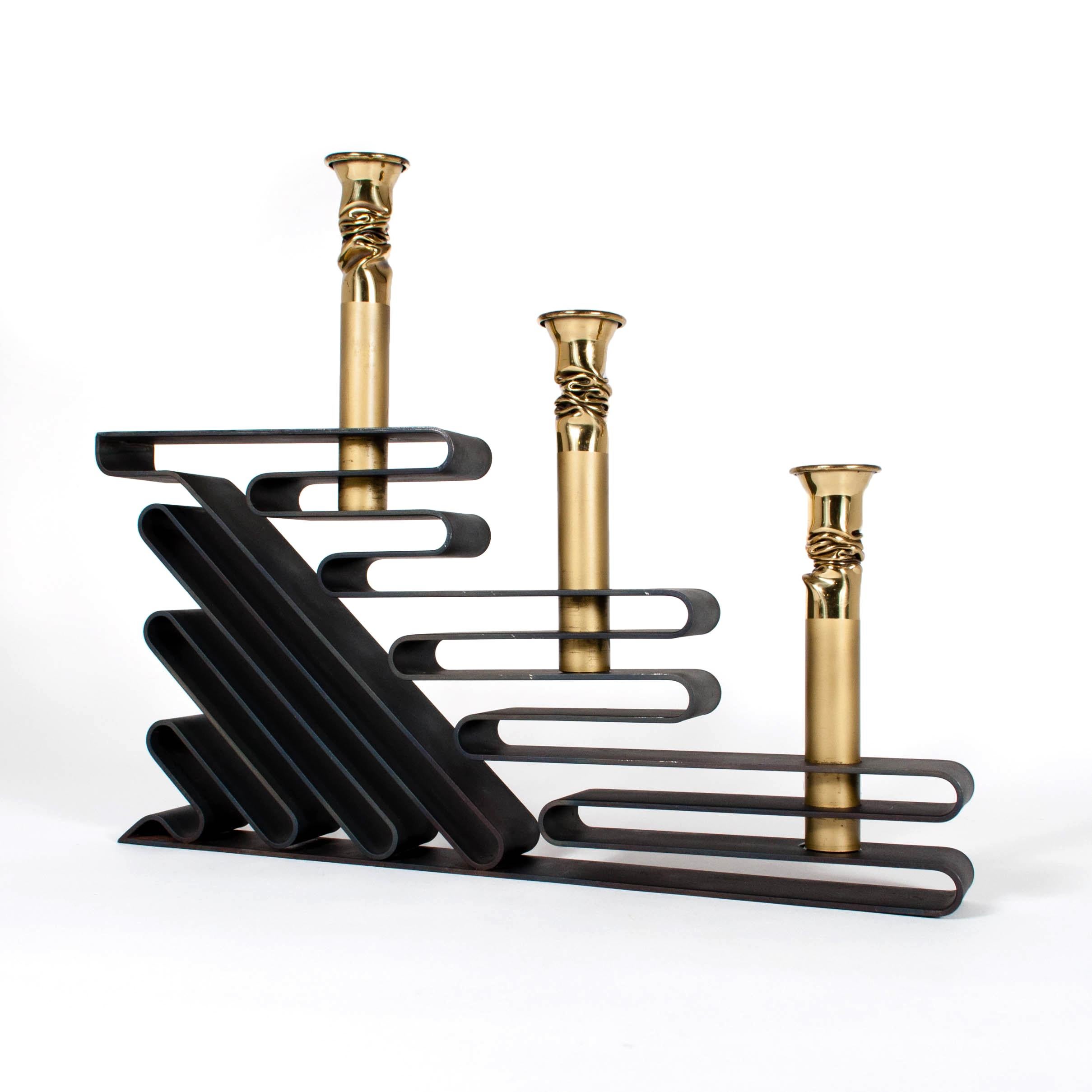 Brass Late 20th Century Postmodern Black Steel Ribbon Candleholder