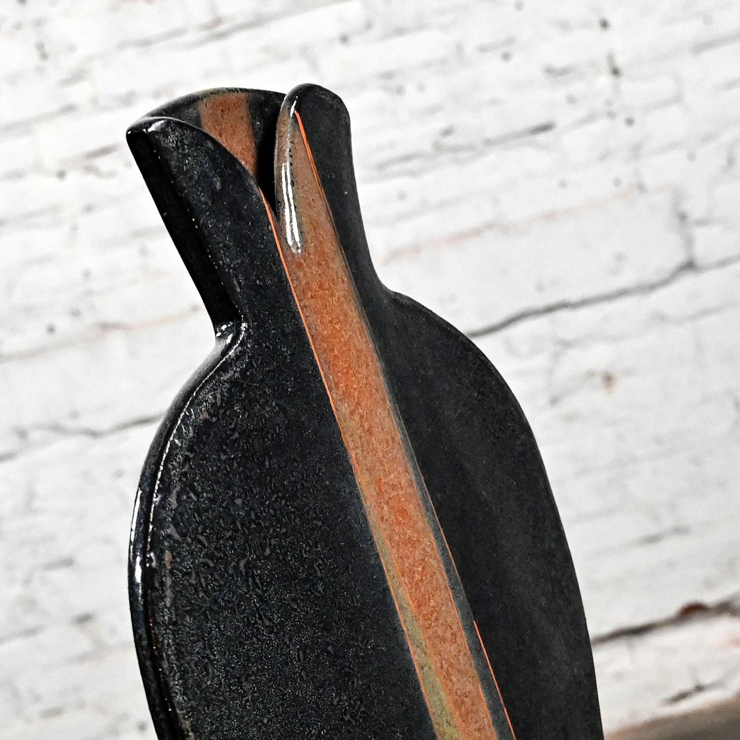 Late 20th Century Postmodern Blue Glazed Stoneware Pottery Flattened Vase For Sale 13
