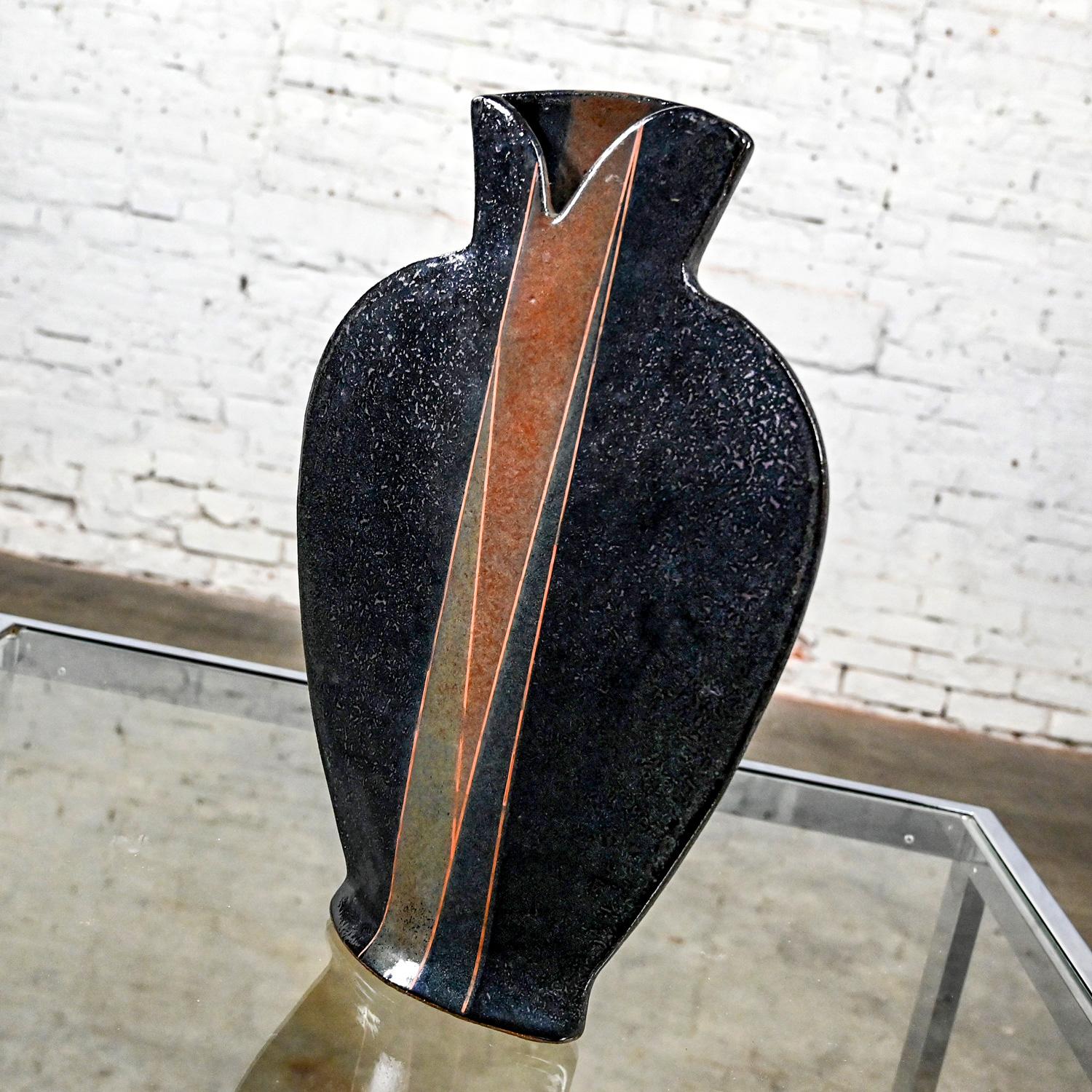 Late 20th Century Postmodern Blue Glazed Stoneware Pottery Flattened Vase For Sale 4