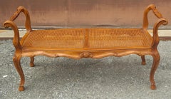 Late 20th Century Provincial Style Fruitwood and Caned Seat Upholstered Bench