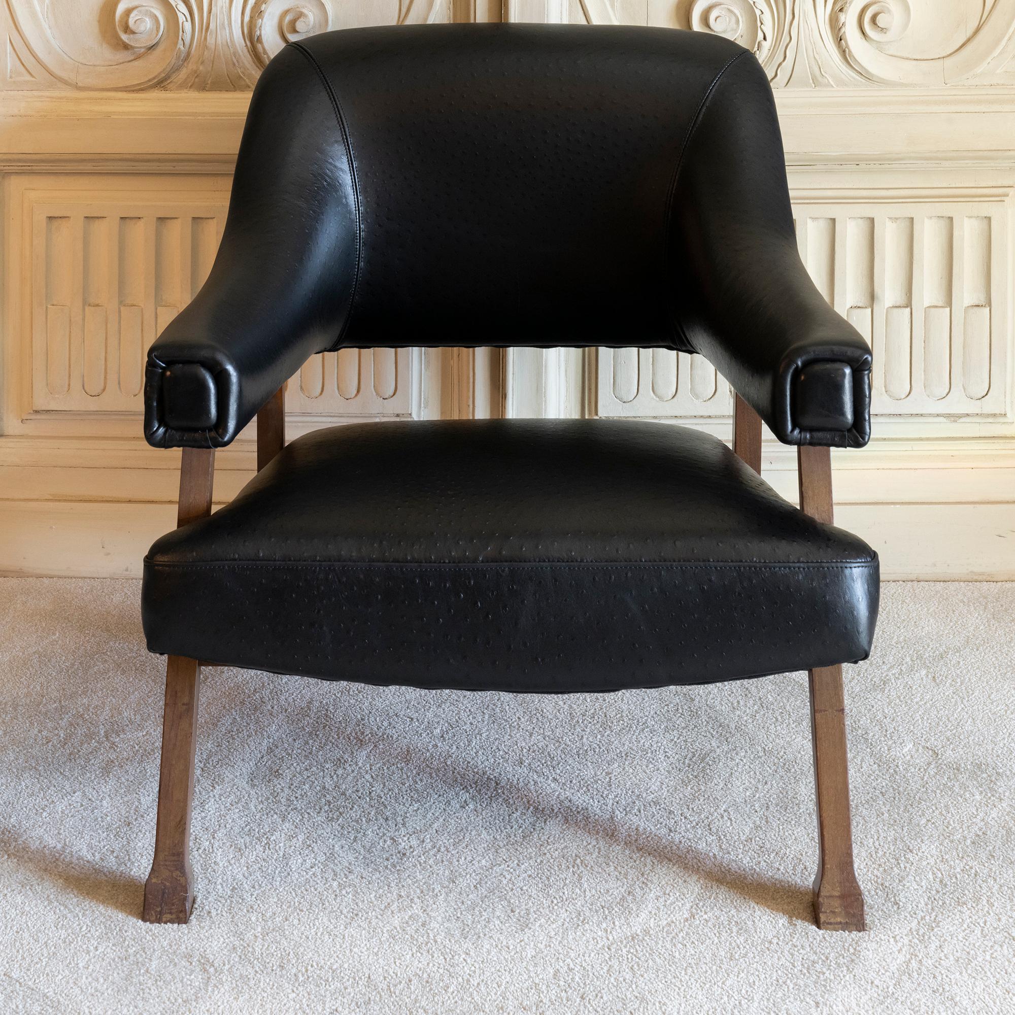 Raffaella Crespi Italian armchair, original walnut structure in perfect condition and vintage patina, new upholstered in Black Leather, Italy 1960s circa.