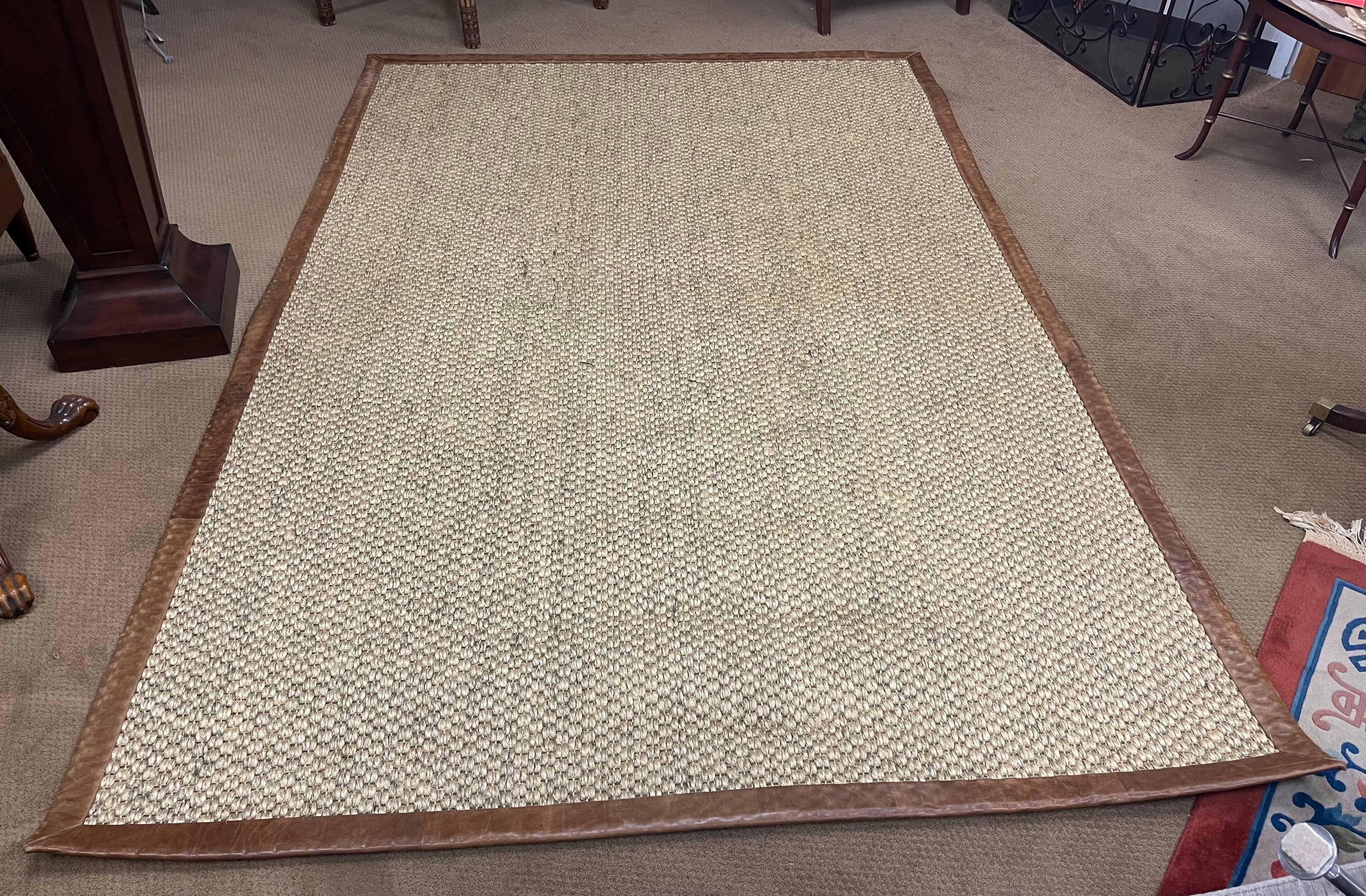 Late 20th Century Ralph Lauren Sisal and Saddle Leather Bordered Rug Six x Nine In Good Condition In West Hartford, CT