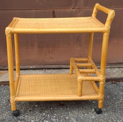 Late 20th Century Rattan and Cane Rolling Bar Cart