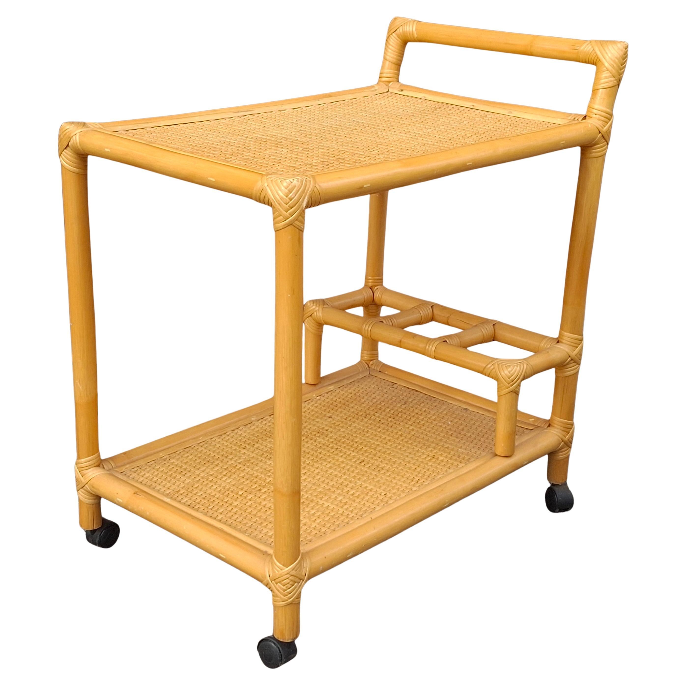 Late 20th Century Rattan and Cane Rolling Bar Cart